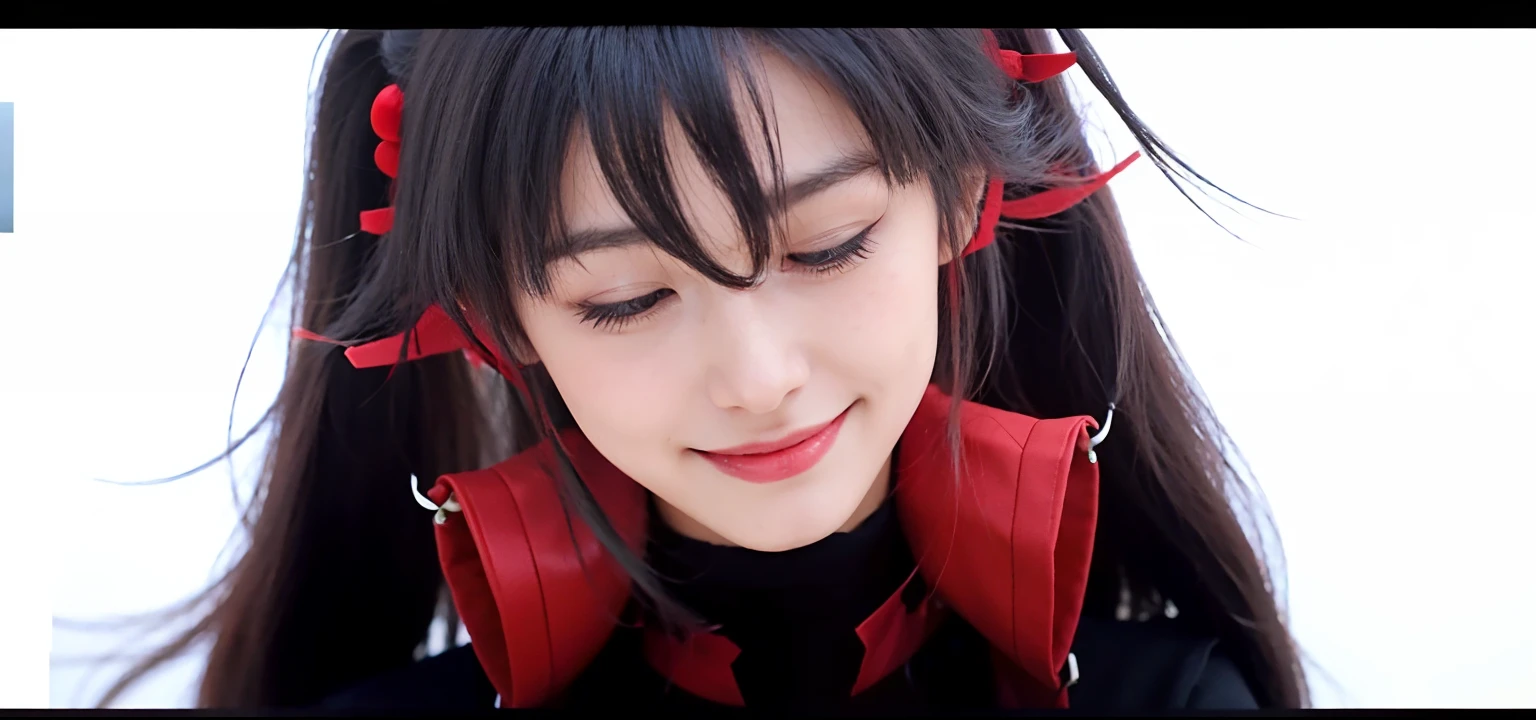 Young girl , Long black-red hair, closed eyes,Lucia from punishing gray raven,realistic,twintail,smile,face facing the camera,ultra detail, 70mm lens.