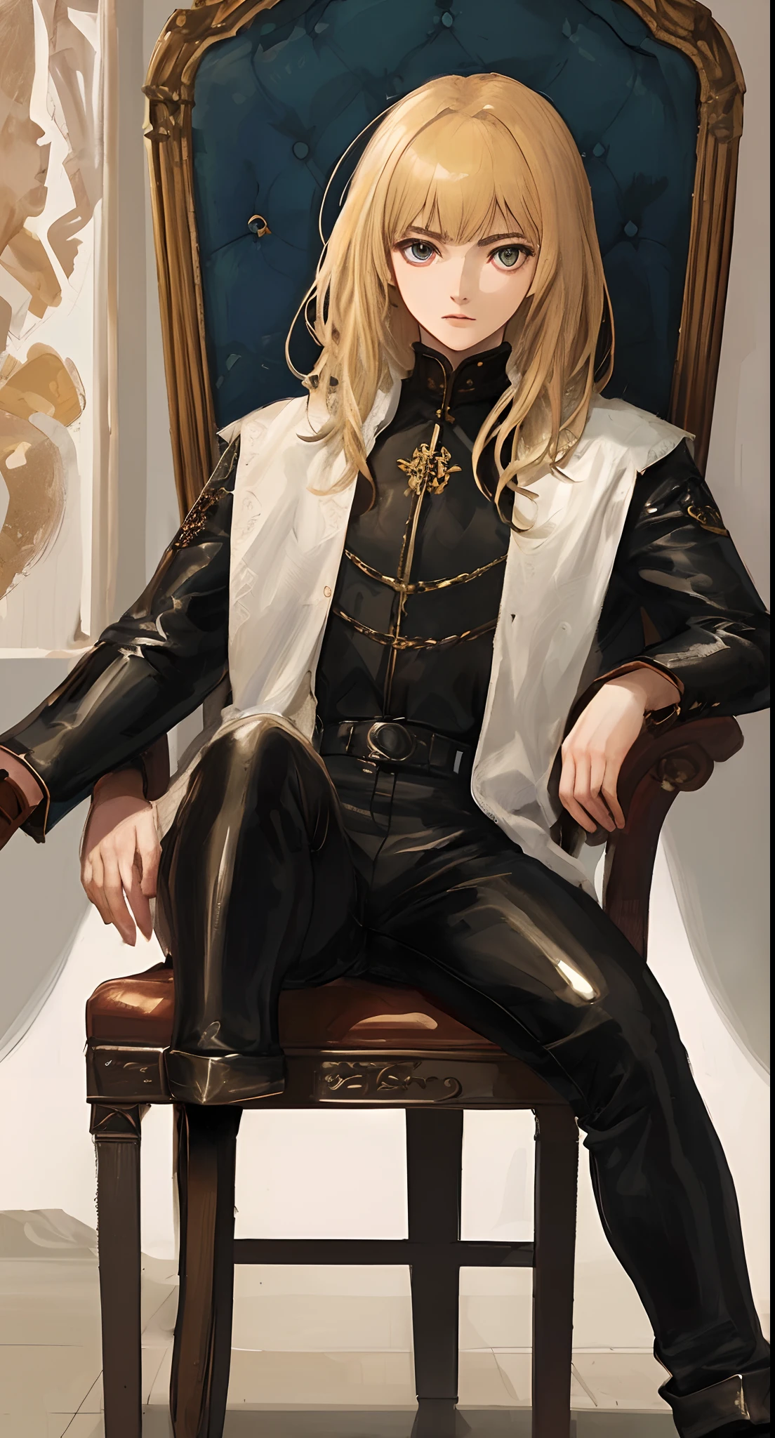 King sit in the chair, ( 1 man, with royal clothes, stylish top, leather pants,) tall height, sandy blond hair, edgy medium hair, fine bangs. Detailed appearance (27 years old) donghuan art, masterpiece, semi realistic