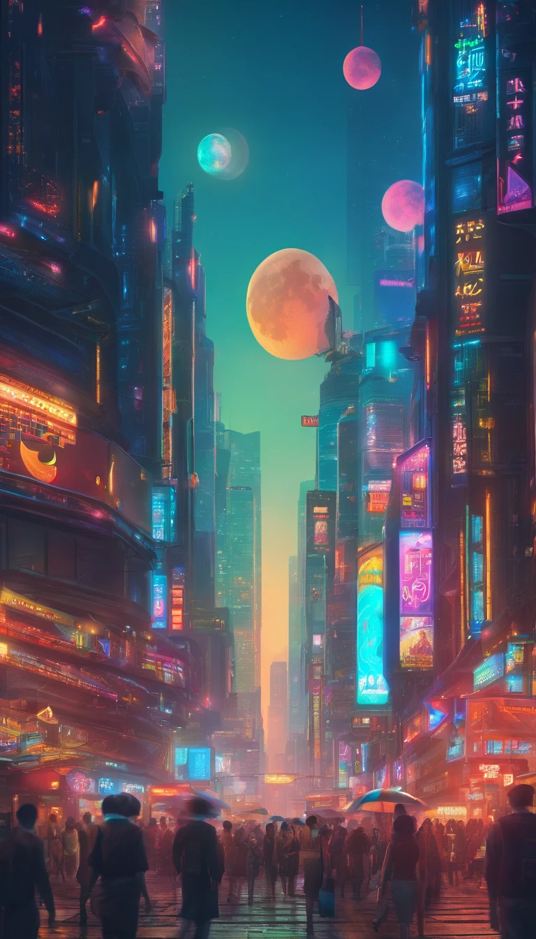 themoon、Cyberpunk city、Sky Moon、Detailed lunar surface,Lanterns,High quality 8K,photographrealistic,Lots of blue-cyan,softlighting,glitters,The crowd of the street