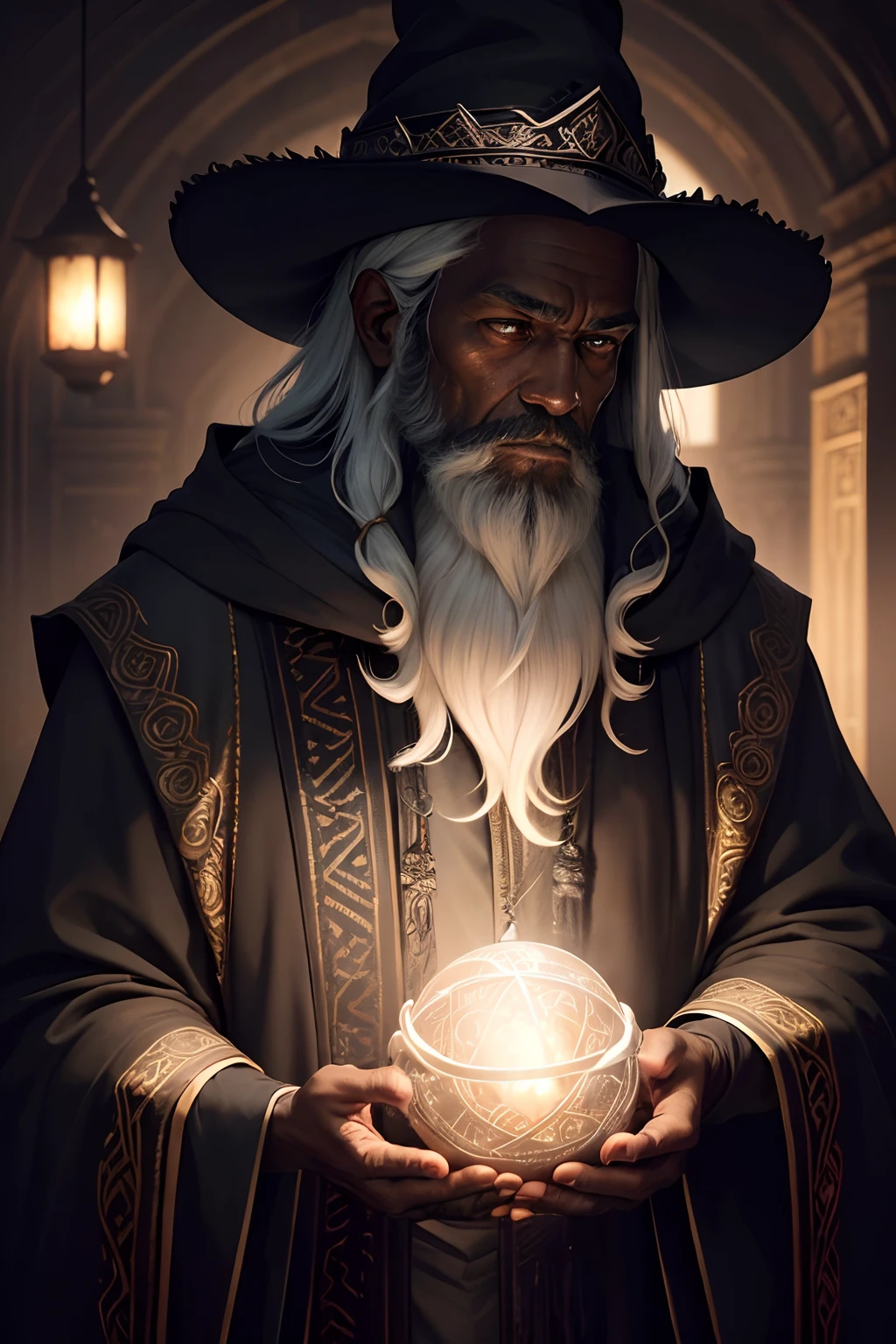 (Masterpiece: 1.2), (Best Quality), Detailed, UHD, Cinematic Lighting, Sharp Focus, (illustration: 1.1), Intricate, Old Wizard (black skin) (dark skin) (black skin color) with long white hair and beard, wearing a wizard's robe and hat, pondering a glowing orb, in a dimly lit room, magician's room, bright lights, flashing lights,