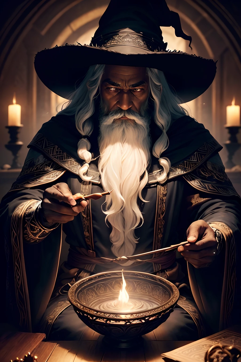 (Masterpiece: 1.2), (Best Quality), Detailed, UHD, Cinematic Lighting, Sharp Focus, (illustration: 1.1), Intricate, Old Wizard (black skin) (dark skin) (black skin color) with long white hair and beard, wearing a wizard's robe and hat, pondering a glowing orb, in a dimly lit room, magician's room, bright lights, flashing lights,