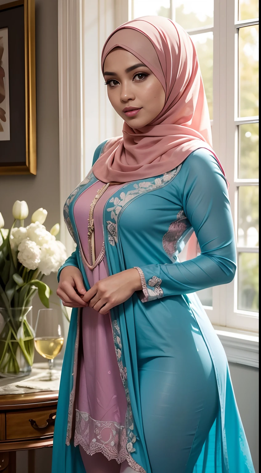 RAW, Best quality, high resolution, masterpiece: 1.3), beautiful Malay woman in hijab,Masterpiece, The art depicts a Malay woman in a hijap  Wearing a wide V-neck dress with lace,pink blous, light blue in color, decorated with intricate patterns and bright colors. The dress covered her curvaceous figure perfectly, highlighting her seductive silhouette. He walked in the flower garden illuminated by the soft light of the morning sun. The scene exudes a smile and is sexy. Her graphic style combines watercolor techniques and digital illustration to evoke sophisticated beauty and charm. The lights were filled with soft sunlight, casting soft highlights and shadows on her charming features. bare thighs, wearing see-through tights, big breasts, three-dimensional facial features, 8k, RAW photos, best quality, high resolution, high quality photos, complex, breast exposure,