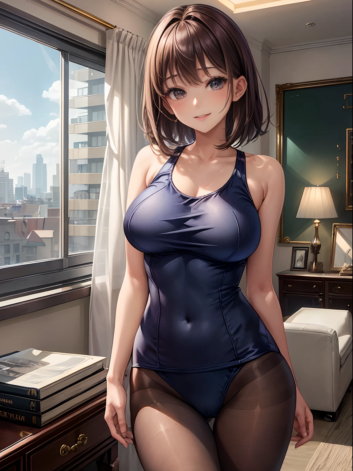 top-quality、Full limbs、complete fingers、one beautiful women、Slender woman、(Beautiful Large Breasts:1.2)、Medium hair、straight haired、brown haired、((Navy blue school swimsuit、Brown pantyhose))、A big smile、Rooms on the upper floors of tower apartments、Living room in a luxurious and spacious apartment、sofas、Glass rooms with views outside、nighttime scene、is standing
