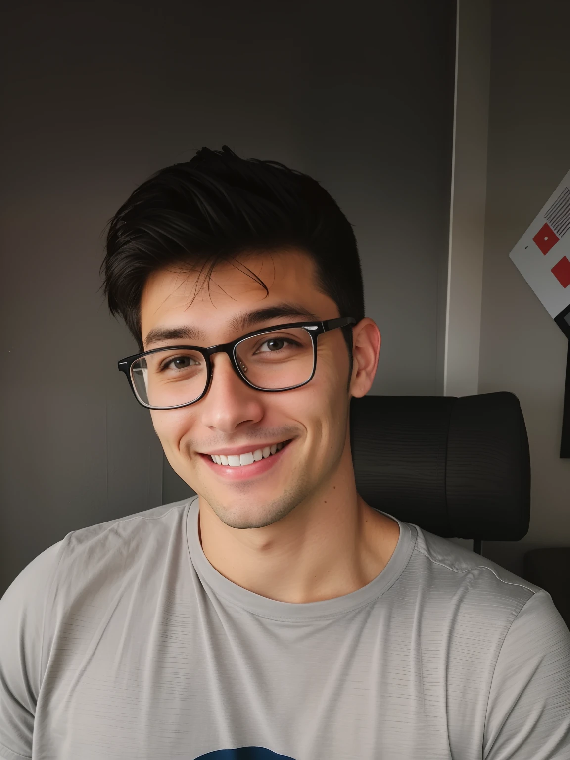 There was a young man wearing glasses and a gray shirt, 35years old, professional profile picture, 2 9 years old, 2 3 years old, headshot profile picture, muscular, good looks smile with bright teeth