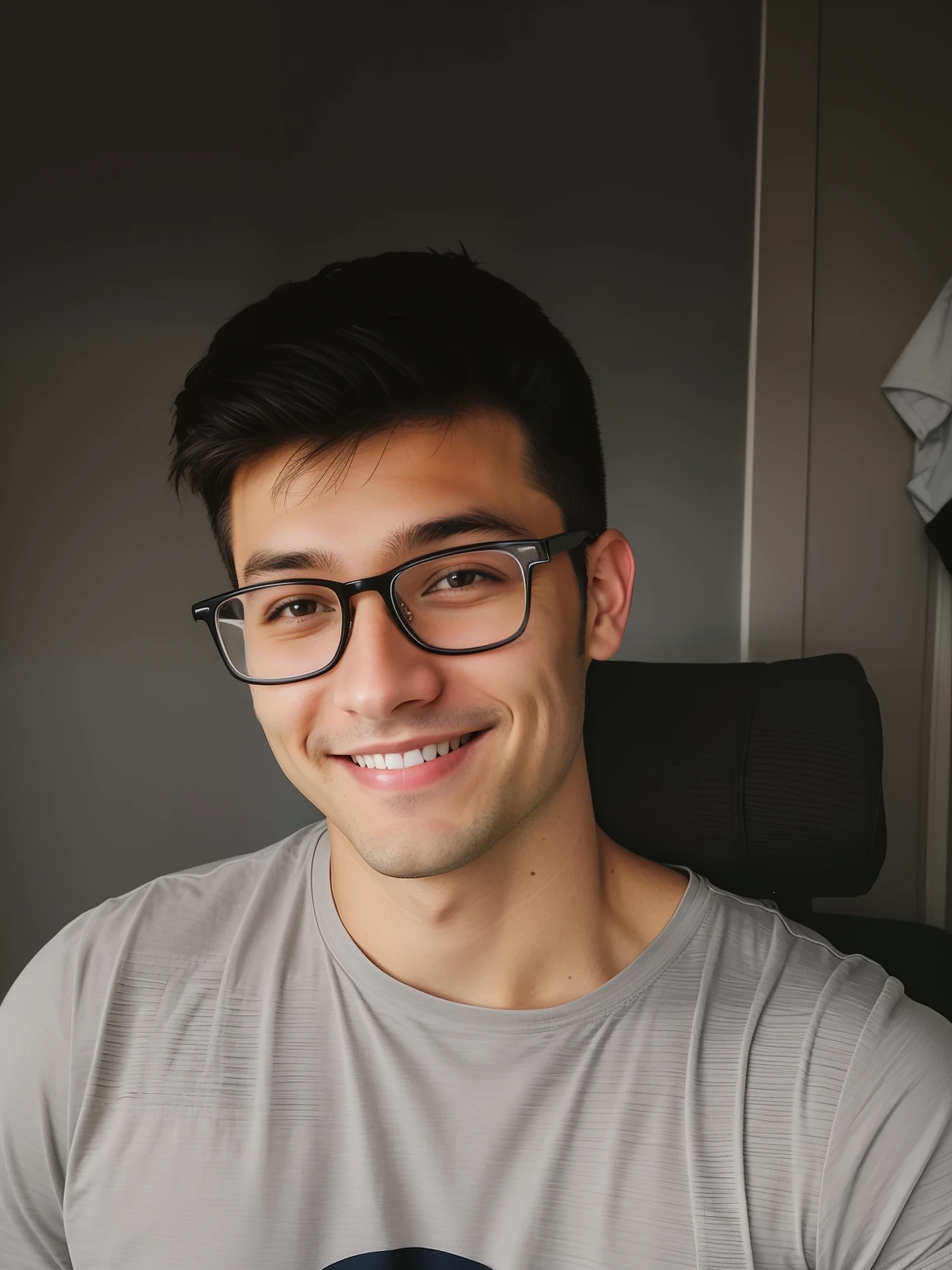 There was a young man wearing glasses and a gray shirt, 35years old, professional profile picture, 2 9 years old, 2 3 years old, headshot profile picture, muscular, good looks smile with bright teeth