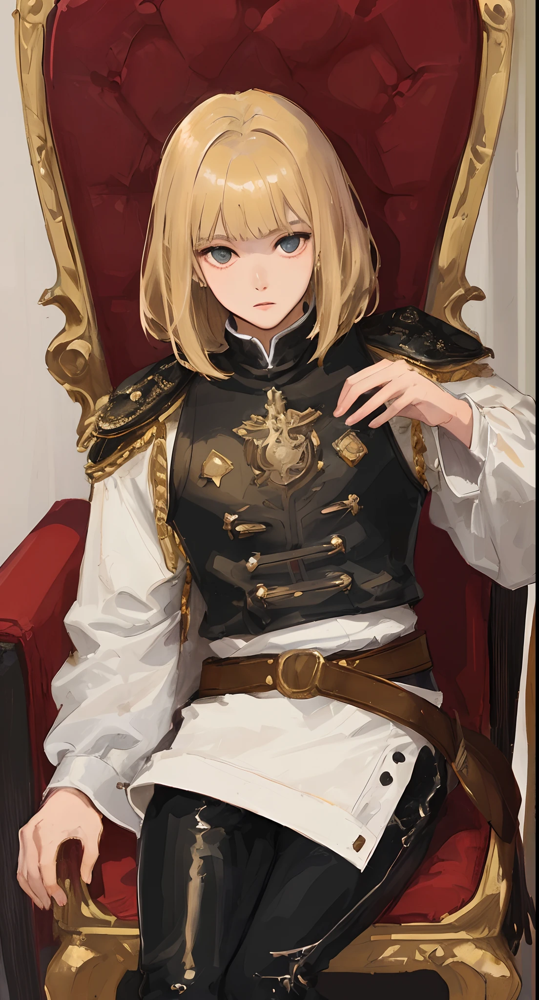 King sit in the chair, ( 1 man, with royal clothes, stylish top, leather pants,) tall height, sandy blond hair, edgy medium hair, fine bangs. Detailed appearance (27 years old) donghuan art, masterpiece, semi realistic