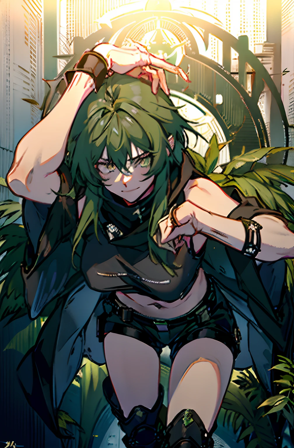 Pure sky,mechanical leg,Black mechanical legs,Plump legs,Green gem setting,Anime girl standing gracefully on the ground,Black cape and green hair, rogue anime girl, Anime girl standing, Wearing a cloak on the blasted plain, asuka suit under clothes!, Cyborg girl, badass posture, mechanic punk outfit, anime styled 3d, render of a cute 3d anime girl, gapmoe yandere grimdark, Female character,musculature,Abs,Glowing green eyes,Black hair with green gradient,short detailed hair,Bunched hair,Dull hair,(Muscle 2.0),Tomboyish,Be red in the face,looking at viewert,Elaborate Eyes,Black mechanical legs,huge tit,1.5,ssmile,Openwork black silk,Straight big breasts,strappy,Black openwork hot pants,White bandeau,Toothless smile,Lower breast,Mechanical wind,There are no cities,Side breasts,Excitation,Top crotch,Sexy lower abdomen,Camel toes,Sexy underarms,ultra gigantic tits,Raised his hand,Tie your hair backhanded,cropped shoulders,Drunken,Ambiguous eyes