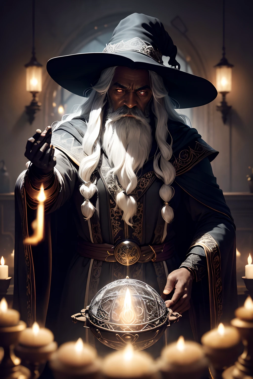 (Masterpiece: 1.2), (Best Quality), Detailed, UHD, Cinematic Lighting, Sharp Focus, (illustration: 1.1), Intricate, Old Wizard (black skin) (dark skin) (black skin color) with long white hair and beard, wearing a wizard's robe and hat, pondering a glowing orb, in a dimly lit room, magician's room, bright lights, flashing lights,