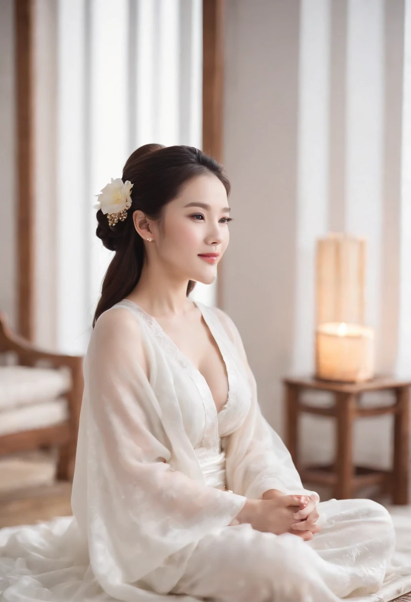 Sexy Zen concubine，the breasts are large，With a mother's smile, Detailed face, Wear white transparent clothes，Sit cross-legged on a warm lotus seat and meditate, Bright room.Ceremonial candles can be found everywhere, Symbolizes peace and relaxation. The background is a natural and active painting、Quotes of inner happiness and prosperity, Particles of Light