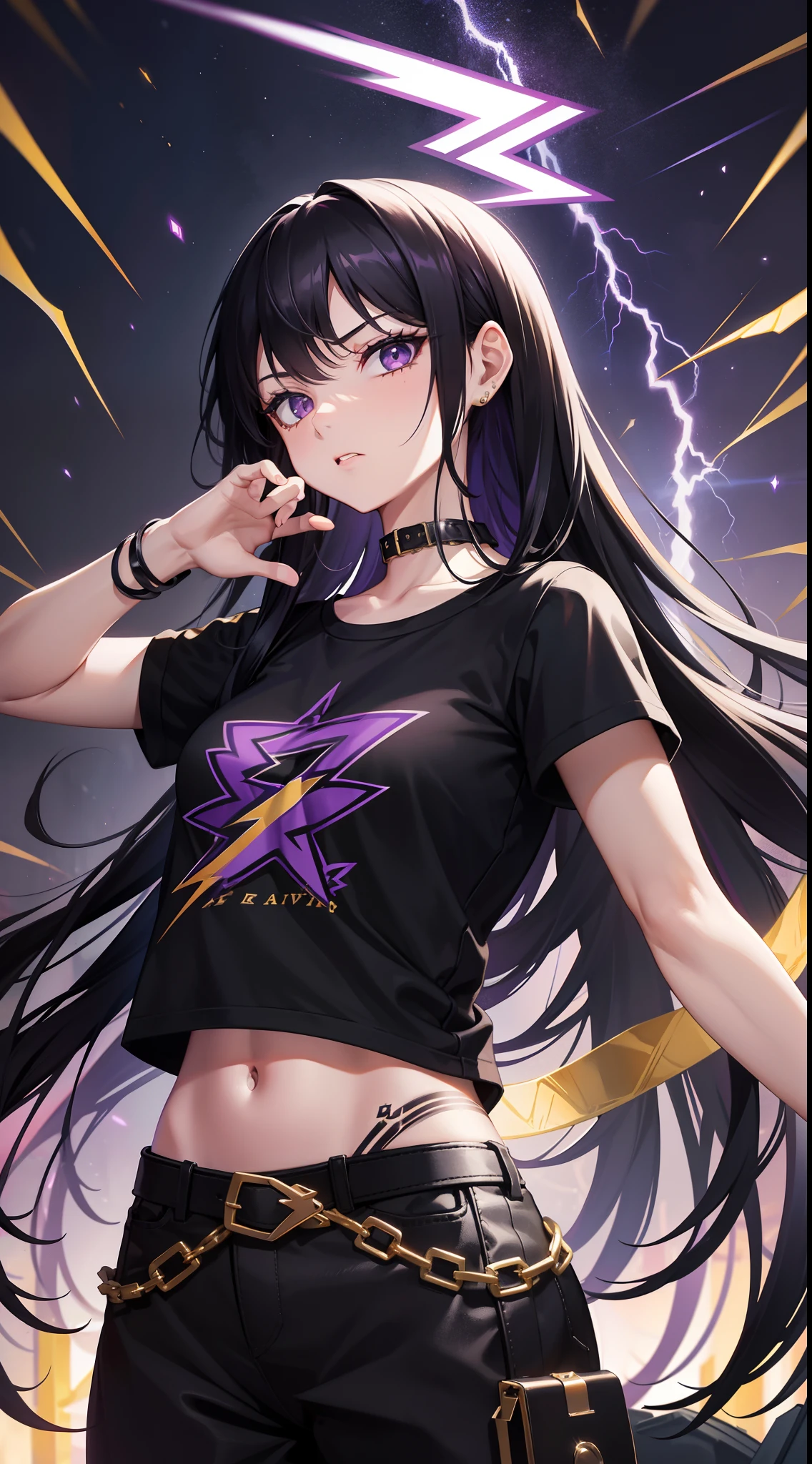 young girl, Long black hair, Black Eyes, purple tight top, baggy pants, Gold patterns, Tatoo, anger, lightning bolts, Masterpiece, hiquality, 4k, HD, Good detail