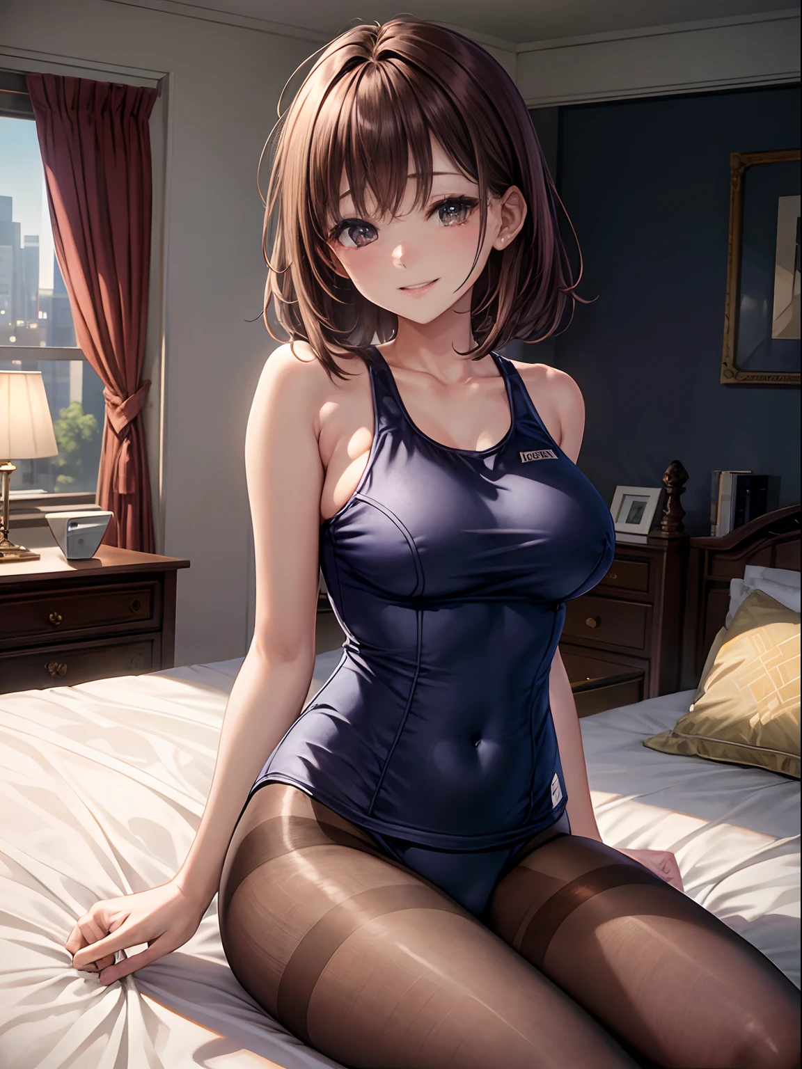 top-quality、Full limbs、complete fingers、one beautiful women、Slender woman、(Beautiful Large Breasts:1.2)、Medium Hair、straight haired、brown haired、((Navy blue school swimsuit、Brown pantyhose))、A big smile、Rooms on the upper floors of tower apartments、Luxurious and spacious々々and bedroom、a bed、Pink sheets and pillows、In a glass-walled room、Views outside、nighttime scene、Sit on the bed with your crotch open