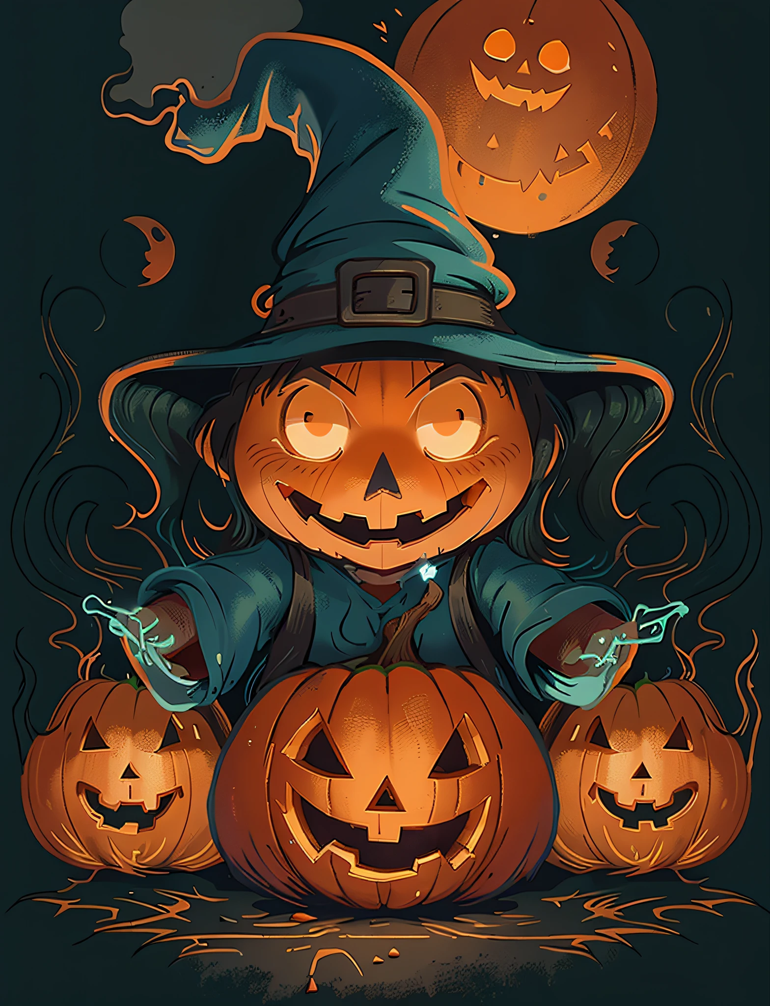 Orange Jack-o-lanterns, witch hats, blue fire, clean background