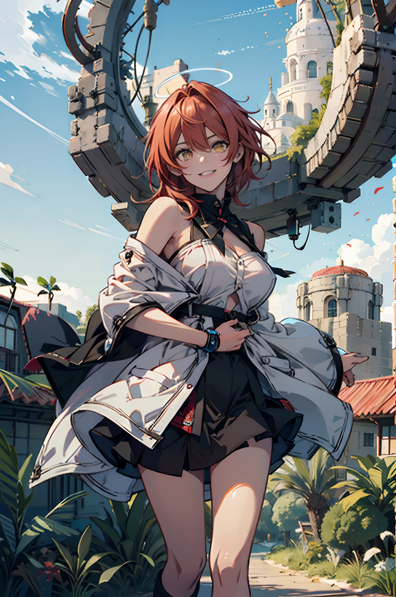 Pure sky,Plump legs,Anime girl standing gracefully on the ground,Black cape and red hair, rogue anime girl, Anime girl standing, Wearing a cloak on the blasted plain, asuka suit under clothes!, angel girl, badass posture, mechanic punk outfit, anime styled 3d, render of a cute 3d anime girl, gapmoe yandere grimdark, Female character,musculature,Abs,glowing bright yellow eyes,Bright red hair,short detailed hair,Dull hair,(Muscle 2.0),Tomboyish,Be red in the face,looking at viewert,Elaborate Eyes,huge tit,1.5,Put your hands in your pockets,ssmile,blacksilk,Straight big breasts,strappy,Black hot miniskirt,White bandeau,Toothless smile,Lower breast,Mechanical wind,There are no cities,Side breasts,Excitation,Top crotch,Sexy lower abdomen,extremely large bosom,High-fork panties,looking at viewert,nabel,chest-hugging,The halo,dynamicposes,Tall anime girl,cropped shoulders,Clean and pure sky,Place the index finger of your right hand in front of your mouth,over knee socks,Half-off white cloak,Ark of tomorrow,Can angel