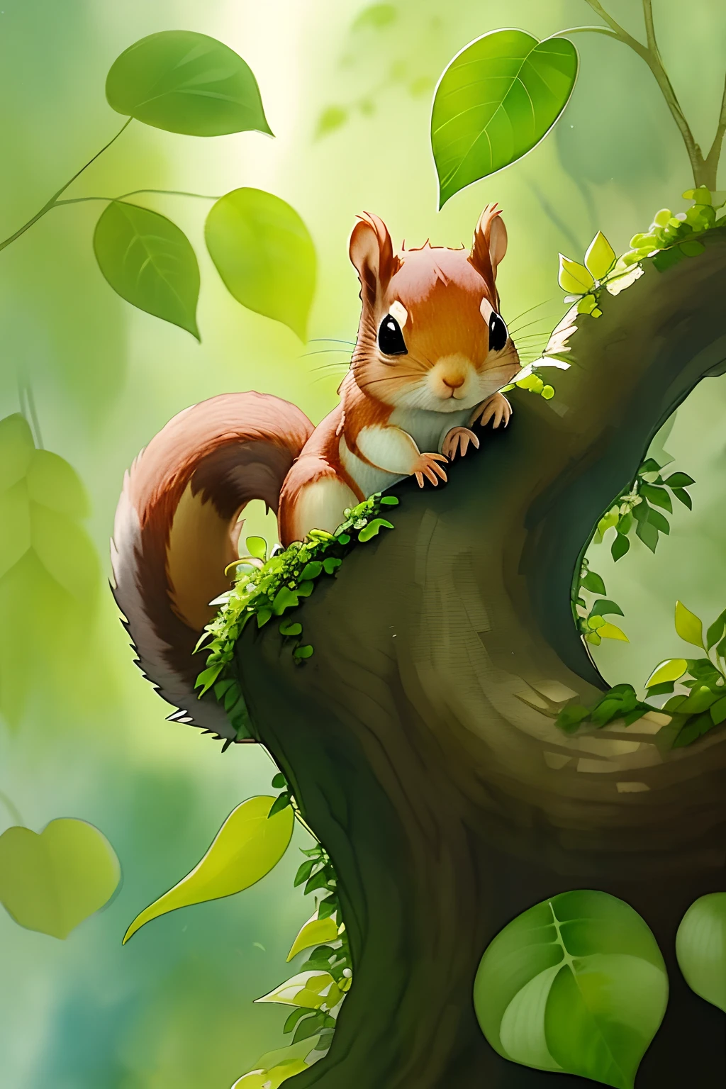 tiny squirrel hiding amidst the dense greenery of the jasmine vine, about to jump onto the protagonist's shoulder, watercolor style, anime in studio ghibli style, details