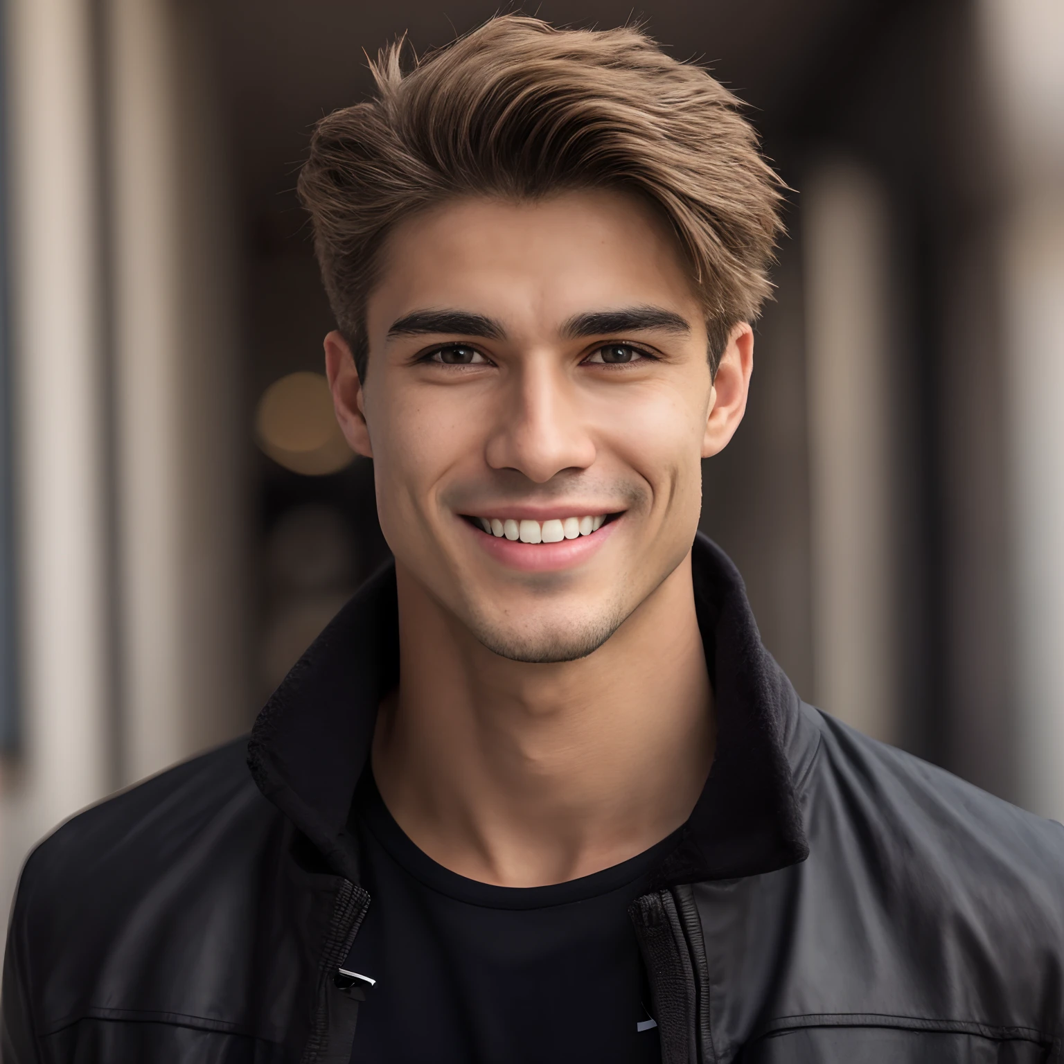 Man in black jacket smiling and looking at the camera, Jovem com rosto bonito, Homem magro com pele bronzeada clara, bonito rosto atraente, Macho sorridente, macho atraente, jovem atraente, retrato do jovem bonito, jovem bonito de cabelos castanhos claros e olhos azuis, rosto bonito perfeito, homem atraente, Macho bonito, jovem bonito, rosto masculino bonito, young man with medium - length