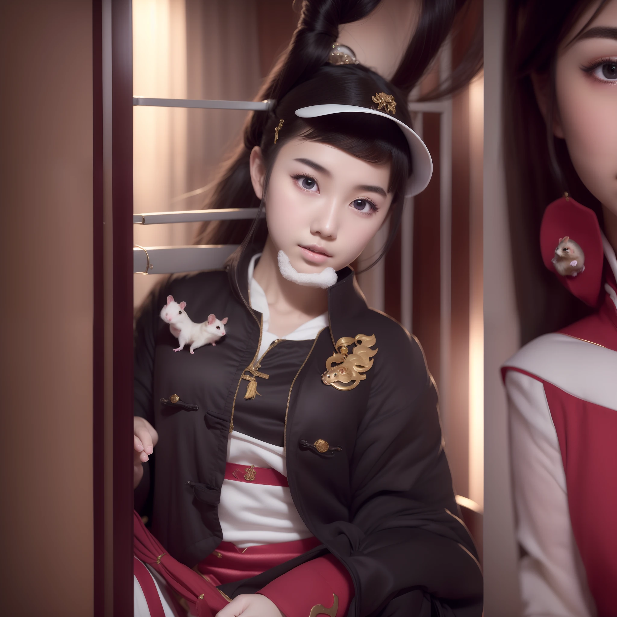 A Chinese girl, 18 years old, (hamster in arms 1.3) (full body picture 1.2), beautiful eyes, real face, real skin, realistic face, realistic skin, detailed eyes, detailed facial features, detailed clothing features, (fashion hairstyle: 1.2) dynamic pose, simple background, smile, detailed face, double eyelids,