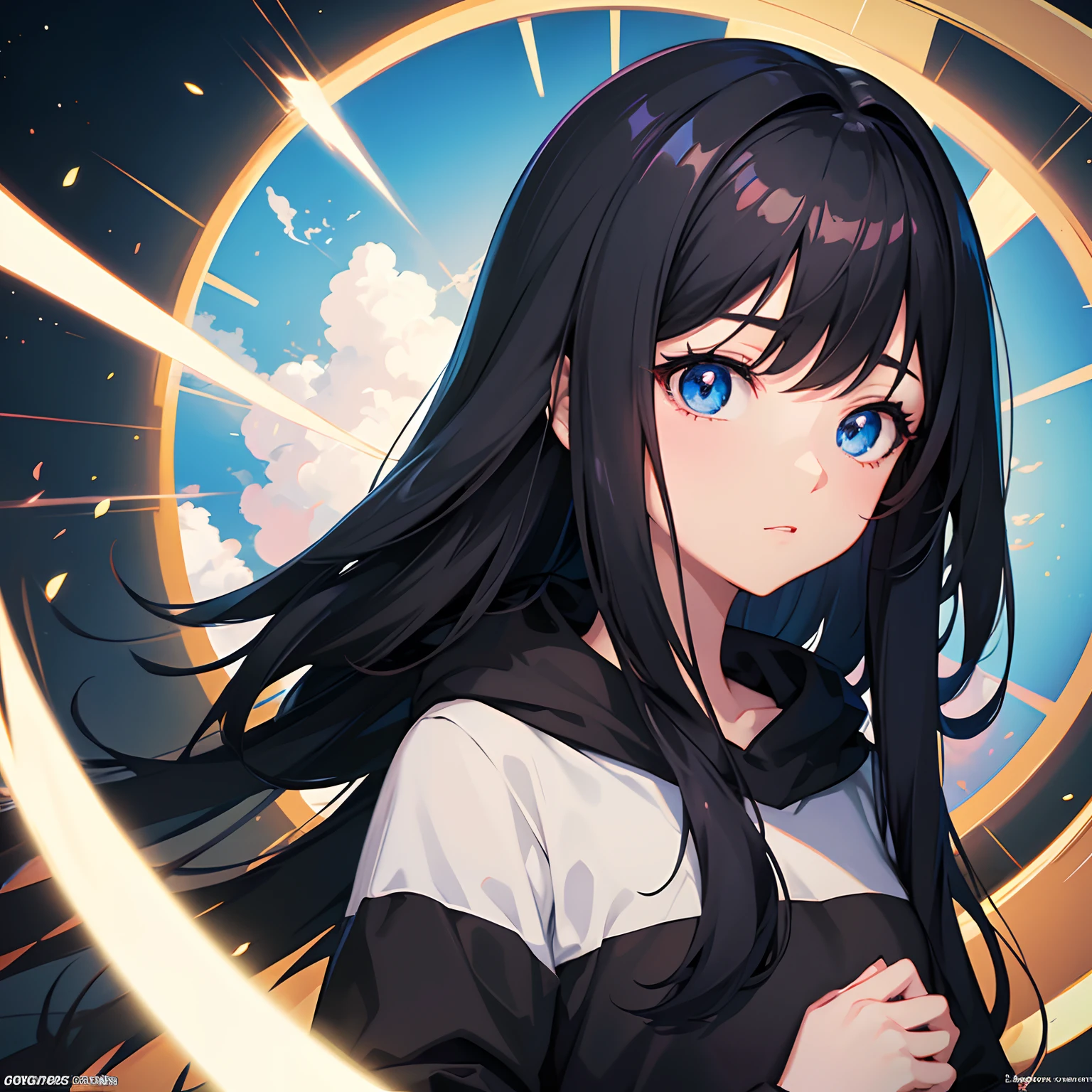 Anime girl with medium black hair and blue eyes in a large black sweatshirt, anime moe artstyle, Digital anime illustration, arte de anime digital detalhada, Artgerm extremamente detalhado, Anime Art Wallpaper 8K, arte de anime digital, estilo anime 4K, "Mulher de anime bonita, Anime Art Wallpaper 4K, Anime Art Wallpaper 4K, retrato bonito do anime, anime bonita