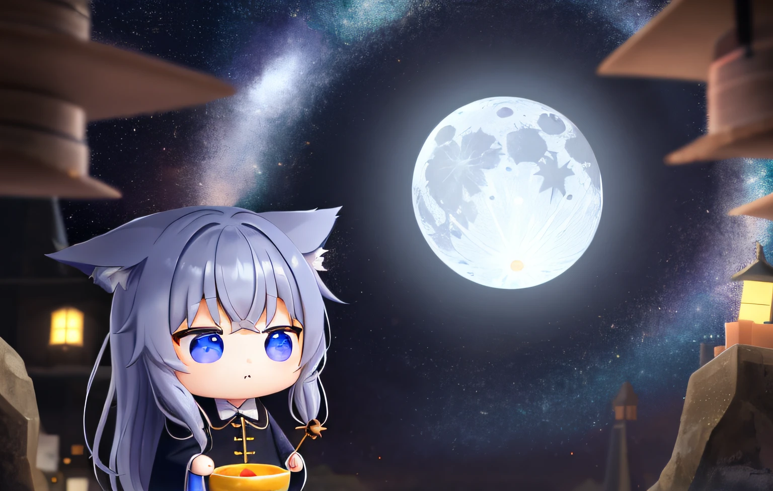 Looking up at the moon in the night sky、Pop Mart Blind Box IP、Cute wizard doll closeup、Young One Angel Style、Wear longer, Dress fluently、Lop style、Poseline doll、Little people々々々々々々々々々々々々々々々々々々々々々々。unreal enginee 5、Light 3D/C4D production: 8K HD quality/illuminating/Ultra-fine lens description 1.5、flawless、Chibi Background/Cinematic。Tuna bowl、macadamia、(((Sorcerer)))