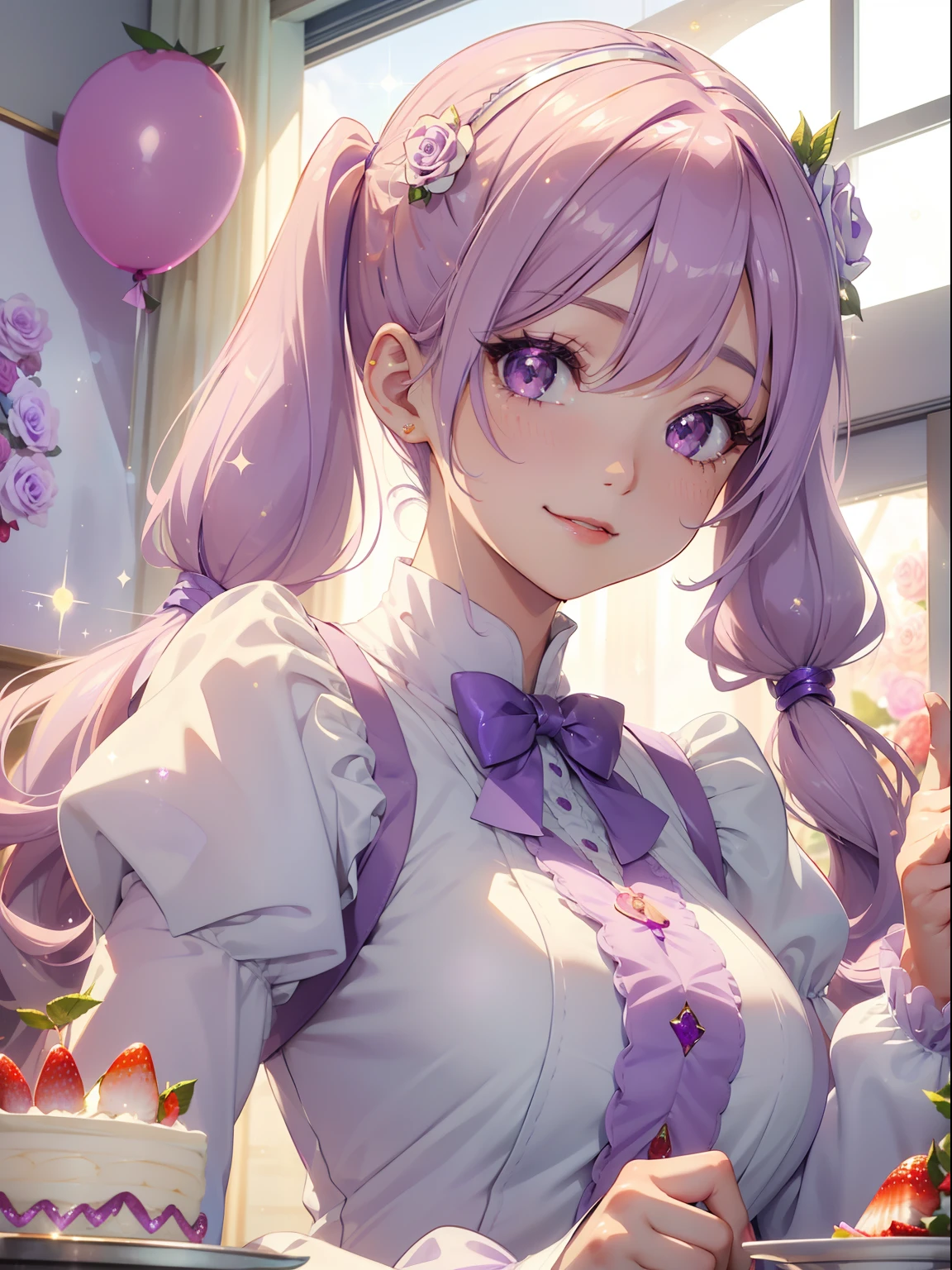 masutepiece, High resolution, 8K, anime woman, Delicate and detailed writing 、Detailed digital illustration、(((Straight pigtail)))、Shiny hair、Bangs、a very beautiful woman、Eyes are double, Large, (((Bust is an A cup)))、High image quality, High quality、Detailed background、(((Cute uniform in white and lilac color)))、The inside of the eye shines like a diamond、Light purple hair、Gradient pupil、(((2 arms、4 fingers, 1 thumb)))、Detailed female face、Very beautiful and cute woman、、细致背景、​masterpiece、Soft Focus , Bright gradient watercolor , Lens Flare , (((Glitter))) , Glow , Dreamy , Light Purple Ribbon、(((Very Beautiful Light Purple Rose Hair Accessories)))、Light purple and gold uniform with white as the main color、Big smile、rainbows、(((Strawberry cake)))、Happy Balloon、Beautiful sky background