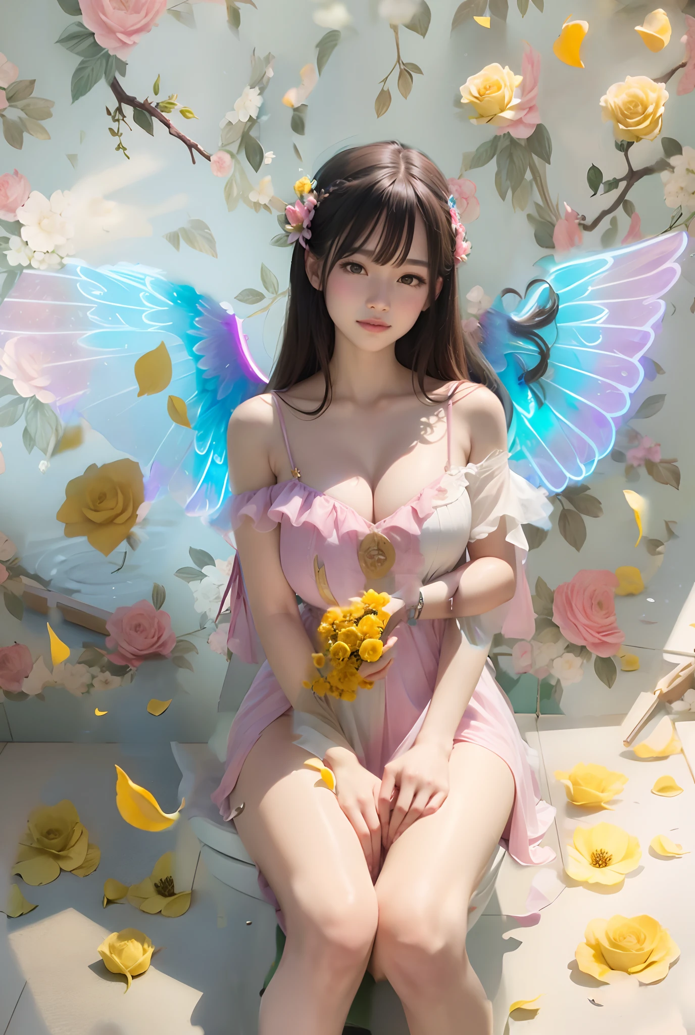 Yellow rose petals raining down、a large number of petals、top-quality
