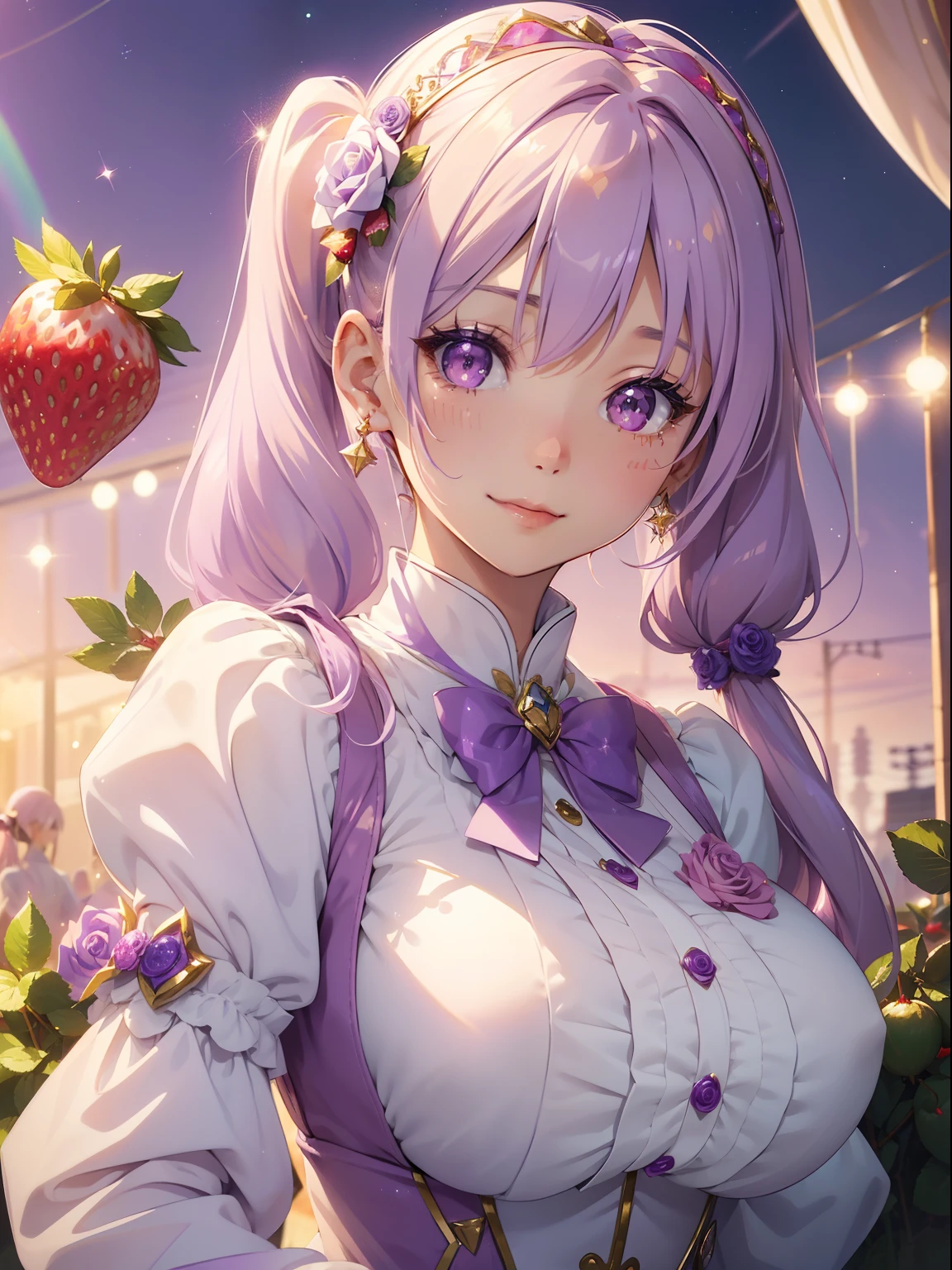 masutepiece, High resolution, 8K, anime woman, Delicate and detailed writing 、Detailed digital illustration、(((Straight pigtail)))、Shiny hair、Bangs、a very beautiful woman、Eyes are double, Large, (((Bust is an A cup)))、High image quality, High quality、Detailed background、(((Cute uniform in white and lilac color)))、The inside of the eye shines like a diamond、Light purple hair、Gradient pupil、(((2 arms、4 fingers, 1 thumb)))、Detailed female face、Very beautiful and cute woman、、细致背景、masterpiece、Soft Focus , Bright gradient watercolor , Lens Flare , (((Glitter))) , Glow , Dreamy , Light Purple Ribbon、(((Very Beautiful Light Purple Rose Hair Accessories)))、Light purple and gold uniform with white as the main color、Big smile、rainbows、(((Strawberry cake)))、Happy Balloon、Beautiful sky background