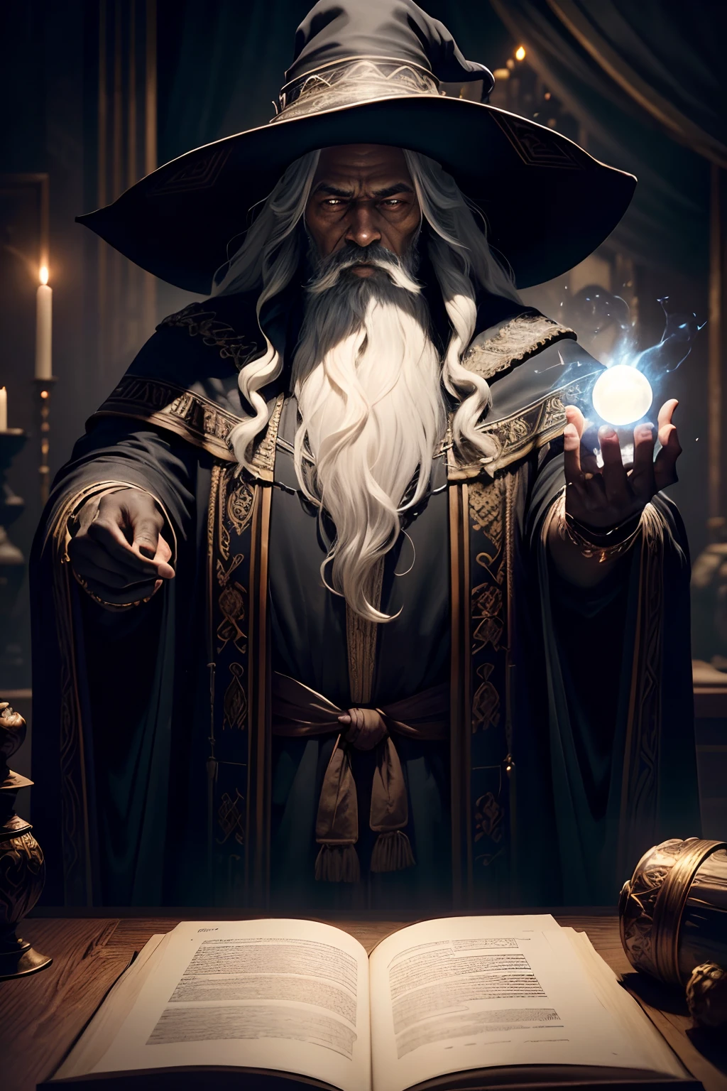 (Masterpiece: 1.2), (Best Quality), Detailed, UHD, Cinematic Lighting, Sharp Focus, (illustration: 1.1), Intricate, Old Wizard (black skin) (dark skin) (black skin color) with long white hair and beard, wearing a wizard's robe and hat, pondering a glowing orb, in a dimly lit room, magician's room, bright lights, flashing lights,