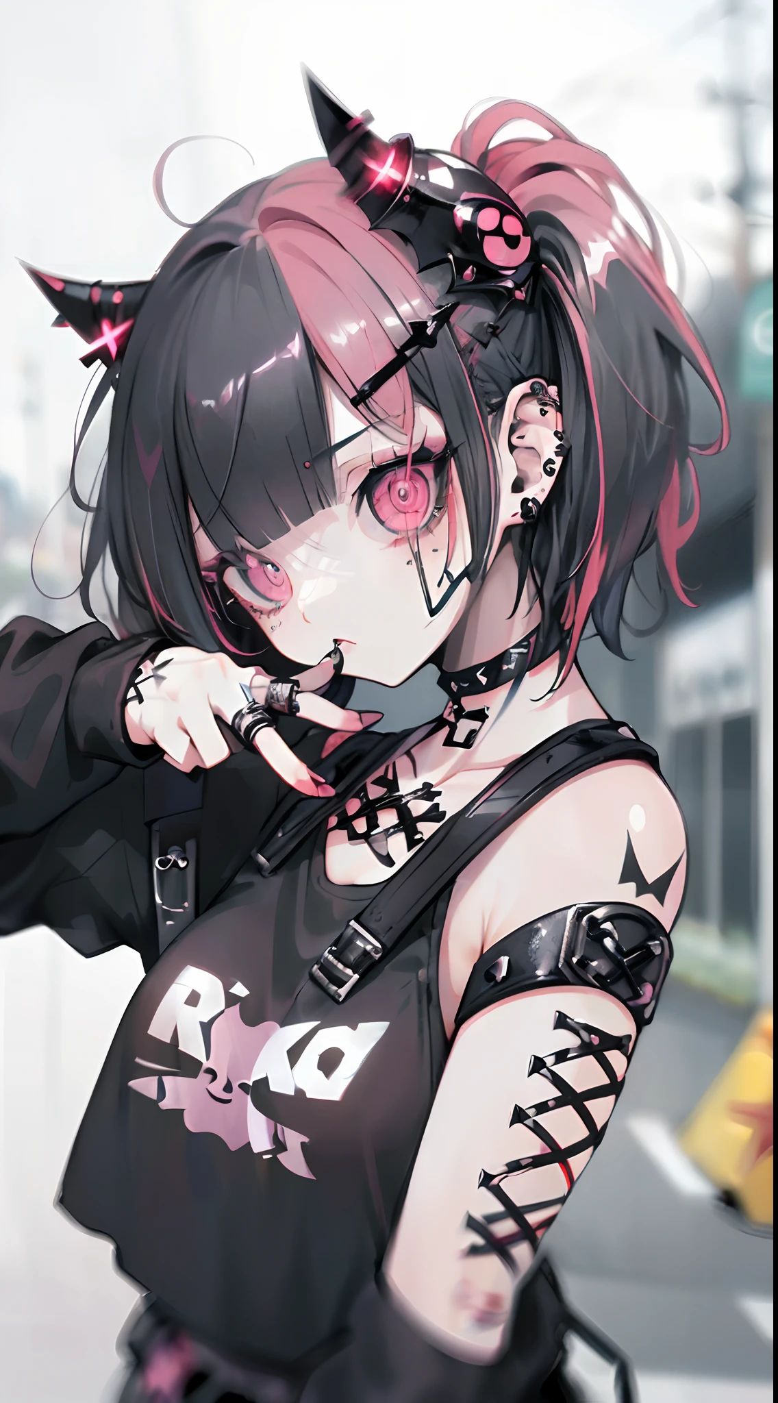 straight haired, Punk Girl, Without mohawk sleeves, The tattoo, head phone, 🎧, goth_punk, 1girl in, solo, medium shot, Walking in Harajuku, ((during night)), bokeh dof, Neon light, Iridescent eyes, gray eyes, red glowing hair, Black eyebrows, Radiant hair, (iridescent red hair), lots of earrings, labret, facial piercings, bangs, jewelry, masks, blunt bangs, Mouth mask, corset piercings, blurry background, blurry, hair adornments, Look at viewers, short hair, portraitures, side look, goth, (masterpiece), (Portrait), (Aesthetic), (Beautiful), (upper body), (High quality), (aesthetic clothings), (professional angle), (thirds rule), (Feminine), (Woman), (Female), (Beautiful), (Feminine features), (25-years old), Solo, 1 woman, (Charming punk girl), Dramatic light, ((Playing guitar)), (Standing), Edgy makeup, (huge breasts), (Front face), (Defiant expression), ((defiance)), (Leather jackets and tattoos), ((Short hair)), (dyed (E.G. and pinks) hair), (spiky hair), (Thick hair), matte Shine Hair, (Hair bands scattered in the hair), (gray eyes), (Bold and bold look), (pale skin), (Dark clothes), (Band T-shirt), (Ripped jeans), (-), crew neckline), ((Urban alley background)), (up close shot), Beautiful hands, Two hands, normal hands, Two arms, complete hands, Beautiful body, Beautiful fingers, normal fingers, Five Fingers, Five Fingers, (Thumb index finger ring finger), Beautiful ears, normal ears, Beautiful eyes, shiny eyes, Beautiful mouth, Beautiful lips,