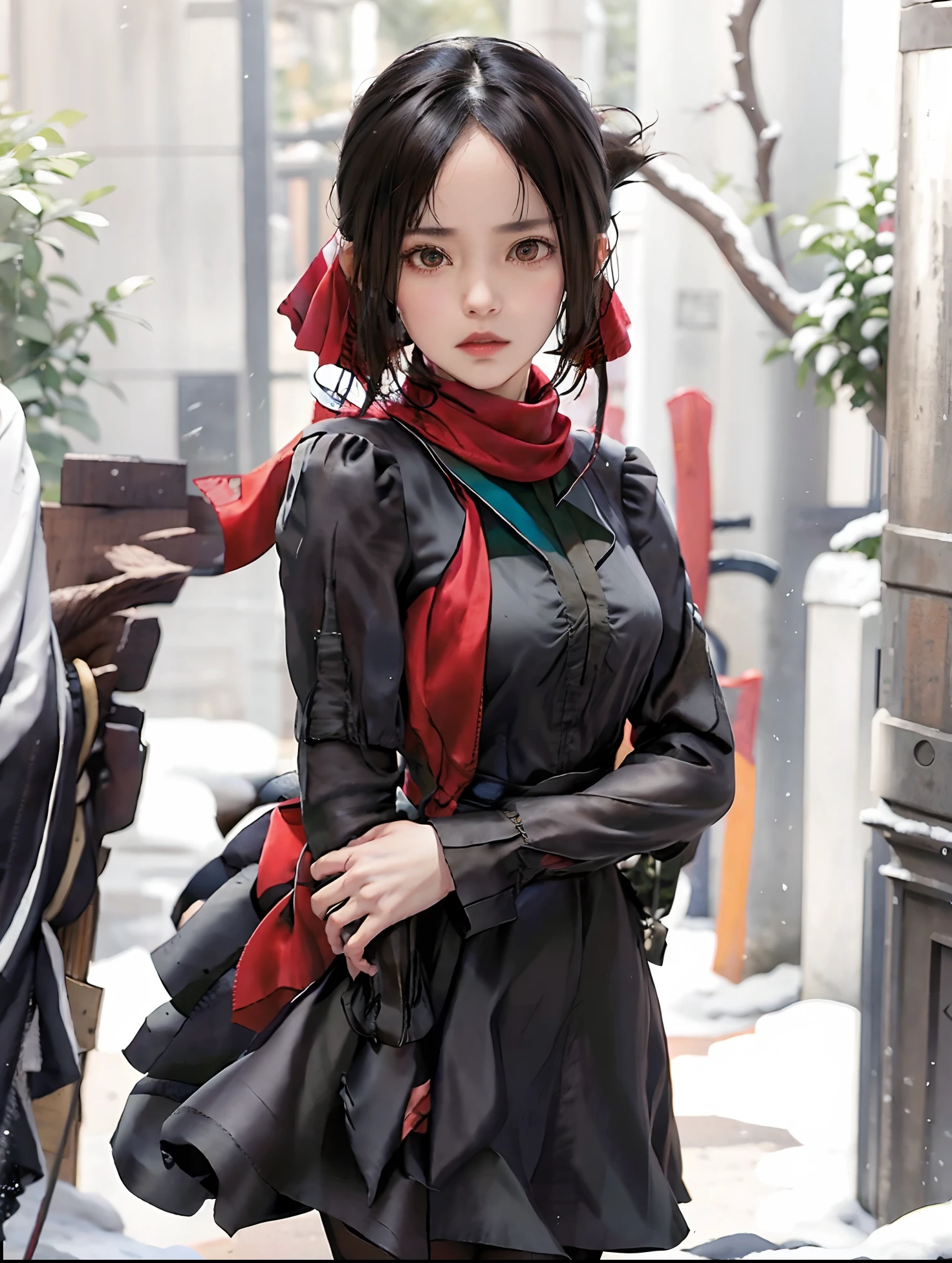 1girl, scarf, tree, bare tree, shinomiya kaguya, parted bangs, solo, red scarf, ribbon, blurry, bangs, blurry background, winter, looking at viewer, hair ribbon, snow, red eyes, folded ponytail, hand in pocket, snowing, blush, long sleeves, eyebrows visible through hair, red ribbon, depth of field, outdoors, black legwear, black dress, standing, cowboy shot, breath, pantyhose, open clothes, sidelocks, branch, school uniform, forest, black hair