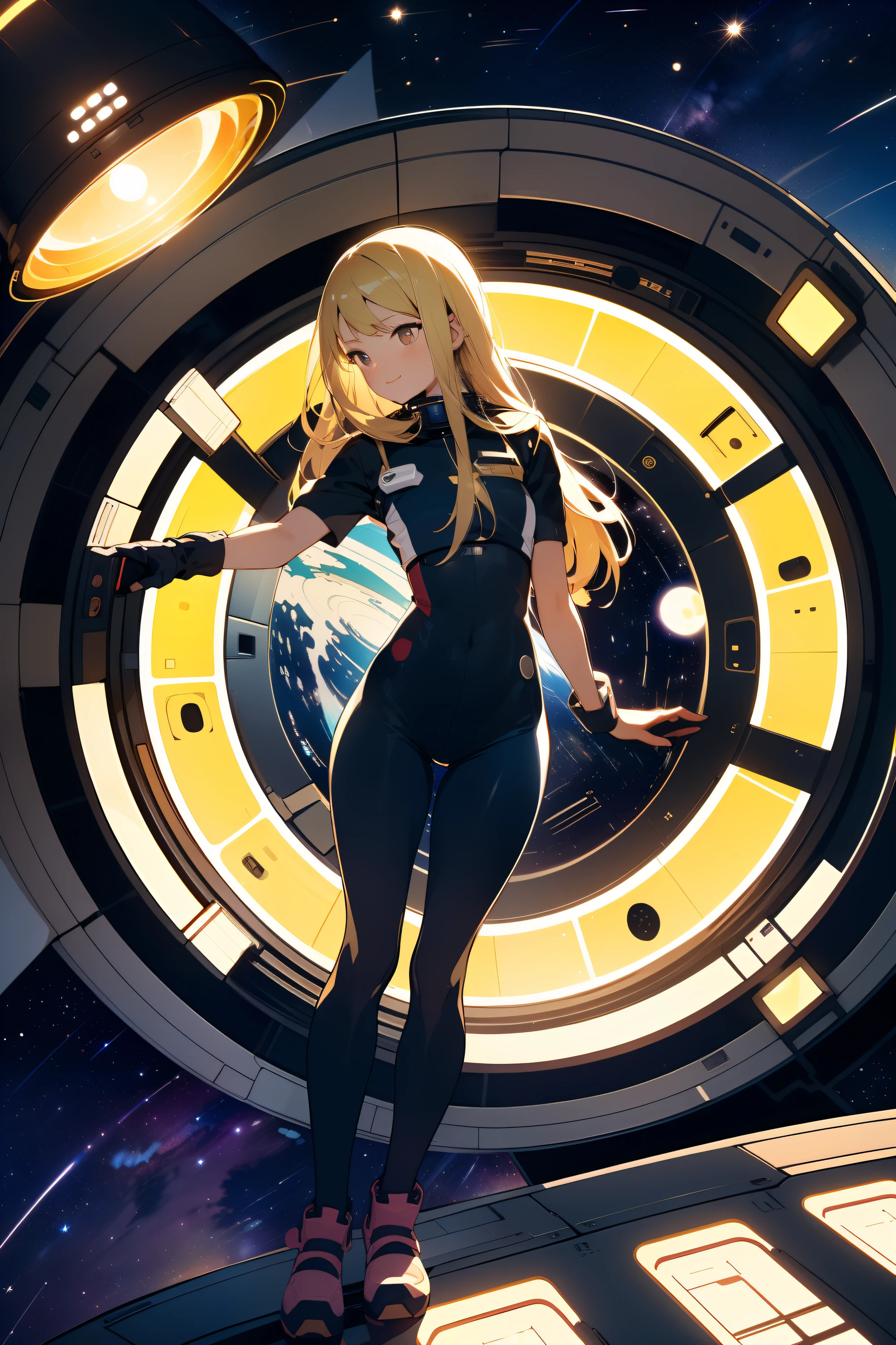 (masterpiece, best quality:1.2), solo, 1girl, mori yuki, slight smile, closed mouth, side view, looking at viewer, blonde hair, long hair, thigh gap, yellow bodysuit, skin-tight, perfect body, large window, (starship porthole:1.3), (spread legs:1.3), (standing:1.1), thigh gap, sensual pose, sideview, perfect hands, bright starship interior, (outer space view:1.1), (orbital view:1.3), (night, stary sky:1.5), milky way