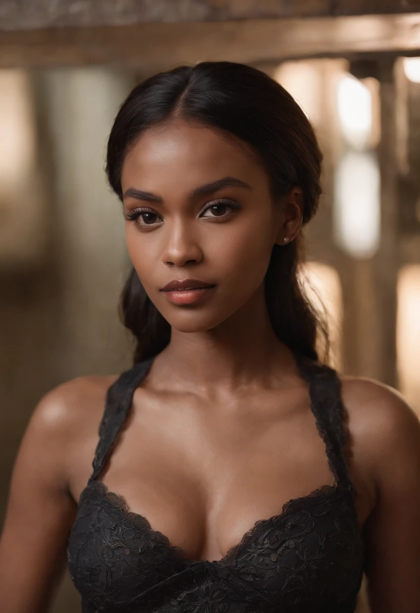 (black woman:1.5)、(Black skin),Emilicia Gomez, tall, beautiful model、Gorgeous, Spanish descent, Age 23, Smooth skin, Black hair. Colossal tits, hotpants, Simple Silver Cross Necklace, Work in an underground base, Highly detailed, 发光, 8K, Checking artifacts, Amazing detail,full body Esbian、Dynamic Pose,