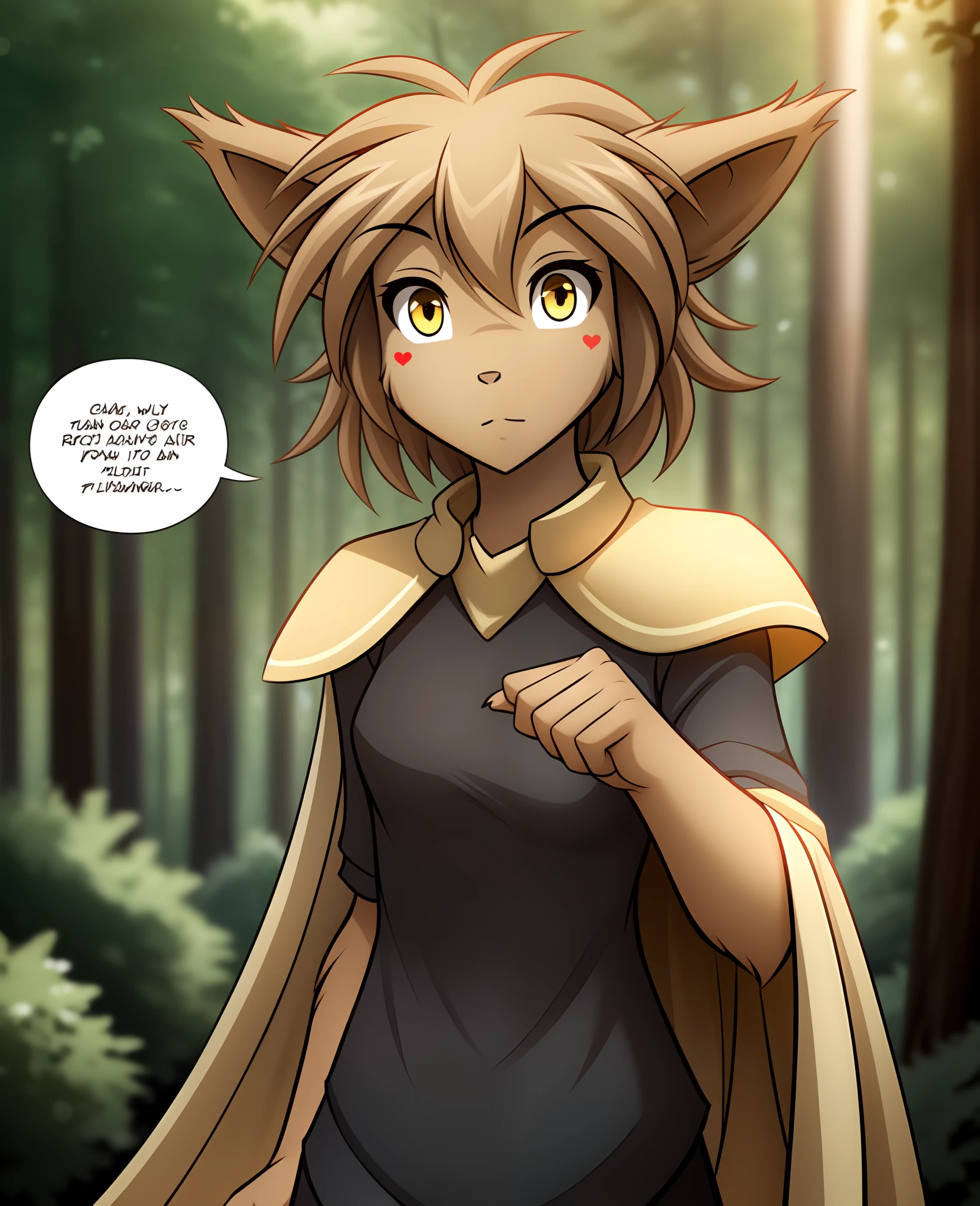 twokinds, tom_fischbach, webcomic_character, webcomic, comic, Madelyn , Madelyn Adelaide, (best quality, masterpiece:1), solo, furry female anthro, yellow eyes, short hair, light brown hair, portrait, finger claws, looking at viewer, tail, ear raised, (outdoors dark forest trees blurry blurred background:1.1), black shirt, yellow cape, (girls comic-like panel layouts, speech balloon, English text, Hand-drawn sound effects stickers used in girls comic),