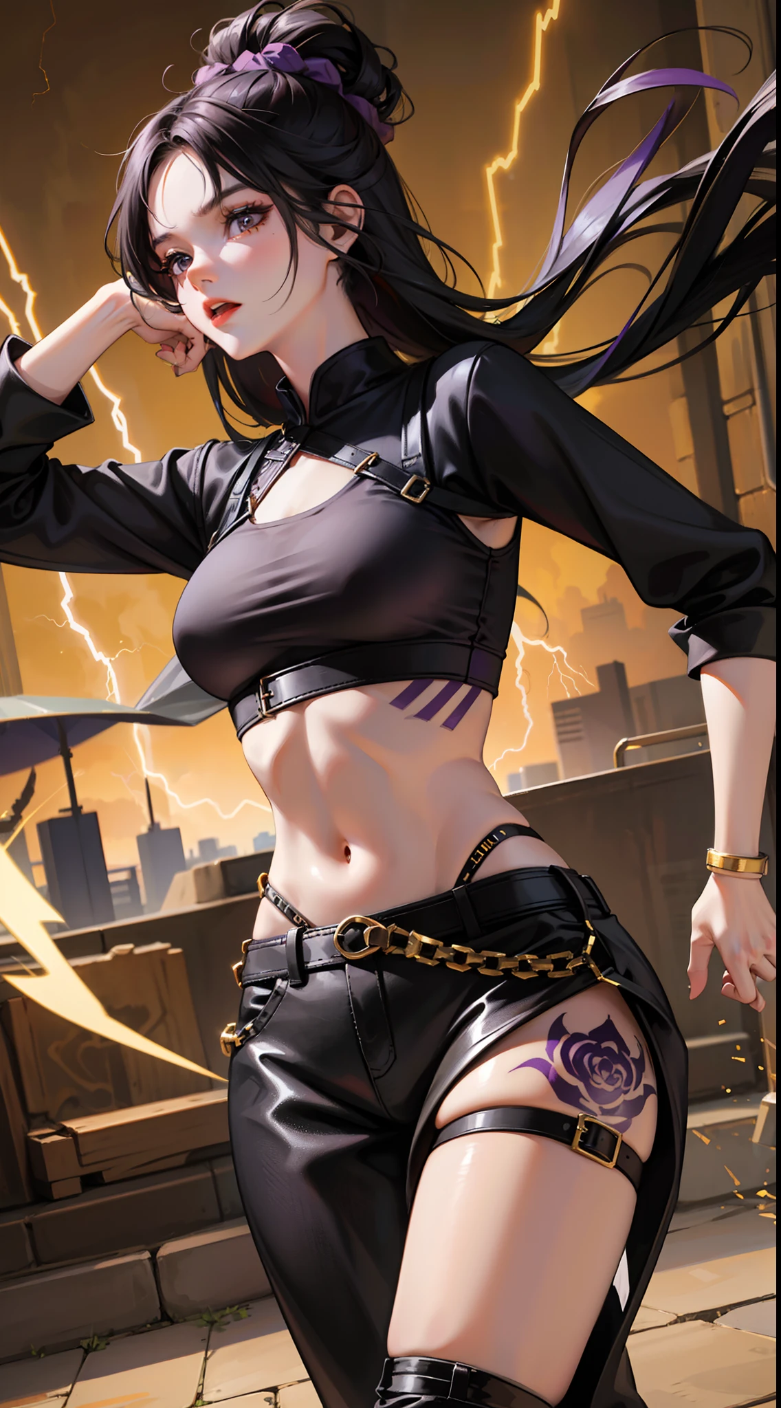 young girl, Long black hair, Black Eyes, purple tight top, baggy pants, Gold patterns, Tatoo, anger, lightning bolts, Masterpiece, hiquality, 4k, HD, Good detail