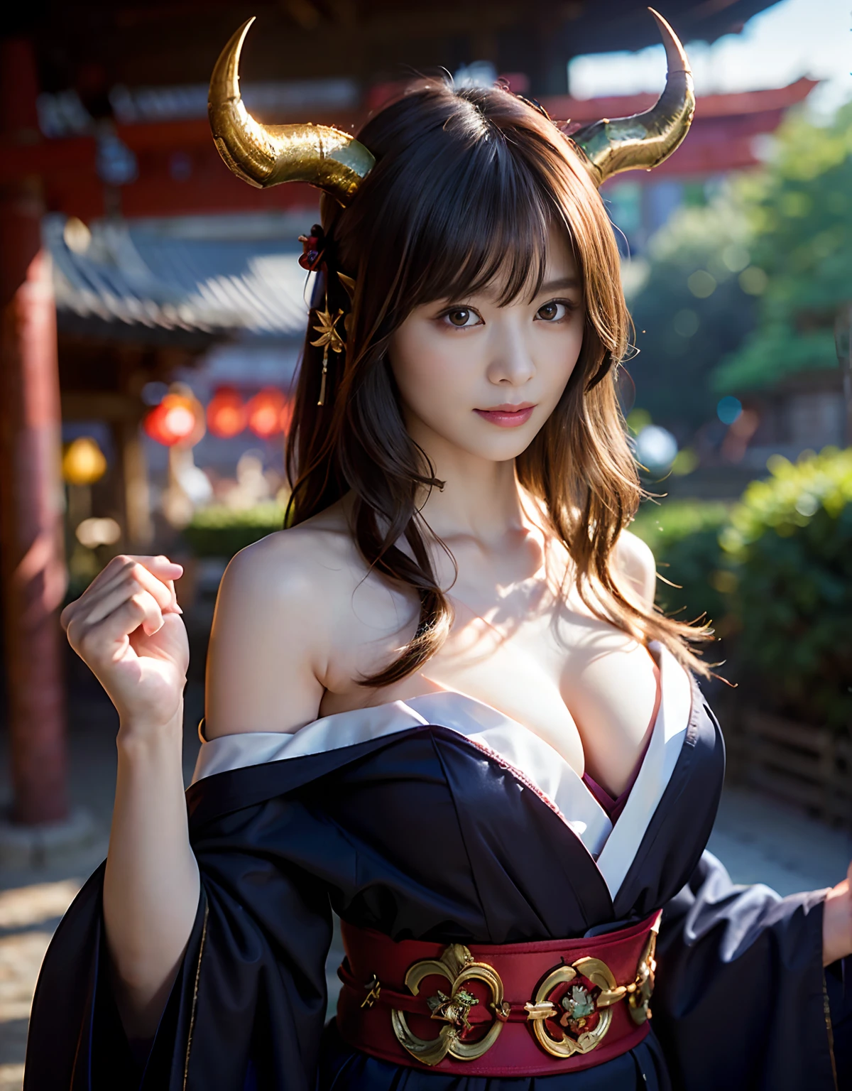 (((masutepiece,))),Professional , masterpiece、top-quality、photos realistic , depth of fields 、Raw photo、1a person、glowy skin、(sexypose)、(Black maple on the background of full bloom),(Ultimate Beauty)、A dark-haired、Mystical expression、ultrasharp、(a temple background),(Red torii gate)、(shrine background)、(Kimono with beautiful pattern)、(Night background)、Beautiful hair ornament on the head、,(intense fighting),((Precipitous cliffs)),(Wear a beautiful kimono),(Wear a colorful and beautiful kimono)、(Japan Castle Background)、Jewel Gold Weapon、Particles of light),(intense fighting)、Gorgeous gold weapons ,Castle background、(( Gorgeous Dragon Sword)) , (a dark night),,(maikurobikini) 、((Black Haired Beautiful Girl))、(Castle background)、(demonic wings)、((Gangle's forest background))、Beautiful Caucasian beauty、1a person、dynamic ungle,(((Two devil's horns on the head)))、Smaller head、Idle Smile、Thin and beautiful female hands、Mystical expression、Light Effects、intense fighting、Wind-effect、magic circles、With the legendary magic wand、Dragon's tail、Anatomically correct fingers、Full Body Angle、Anatomically correct number of fingers、Full Body Angle、(cleavage of the breast)、