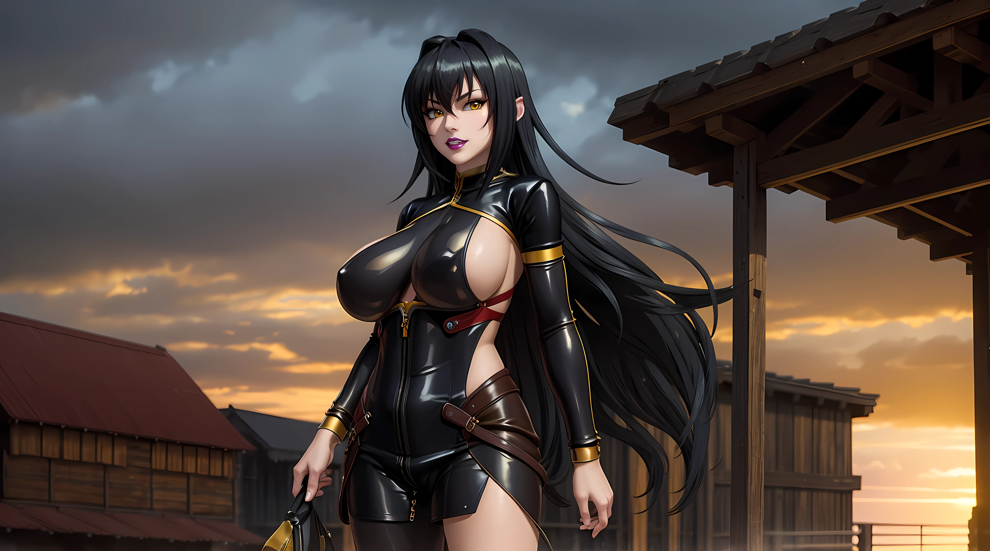 (masterpiece:1.4),(best quality:1.4), soft lighting, cinematic bloom, beautiful face, beautiful eyes, cowboy shot,
Annerose, 1girl, solo, female mature, black hair, long hair, (yellow eyes:1.4), large breasts, bodysuit, higheels, shiny clothes, skin tight, hair intakes, covered breasts, sideboob, exquisite eyes detail, exquisite character design unity details 8k hdr, professional art, landscape, (solo:1.5, cowboy shot:1.5)
