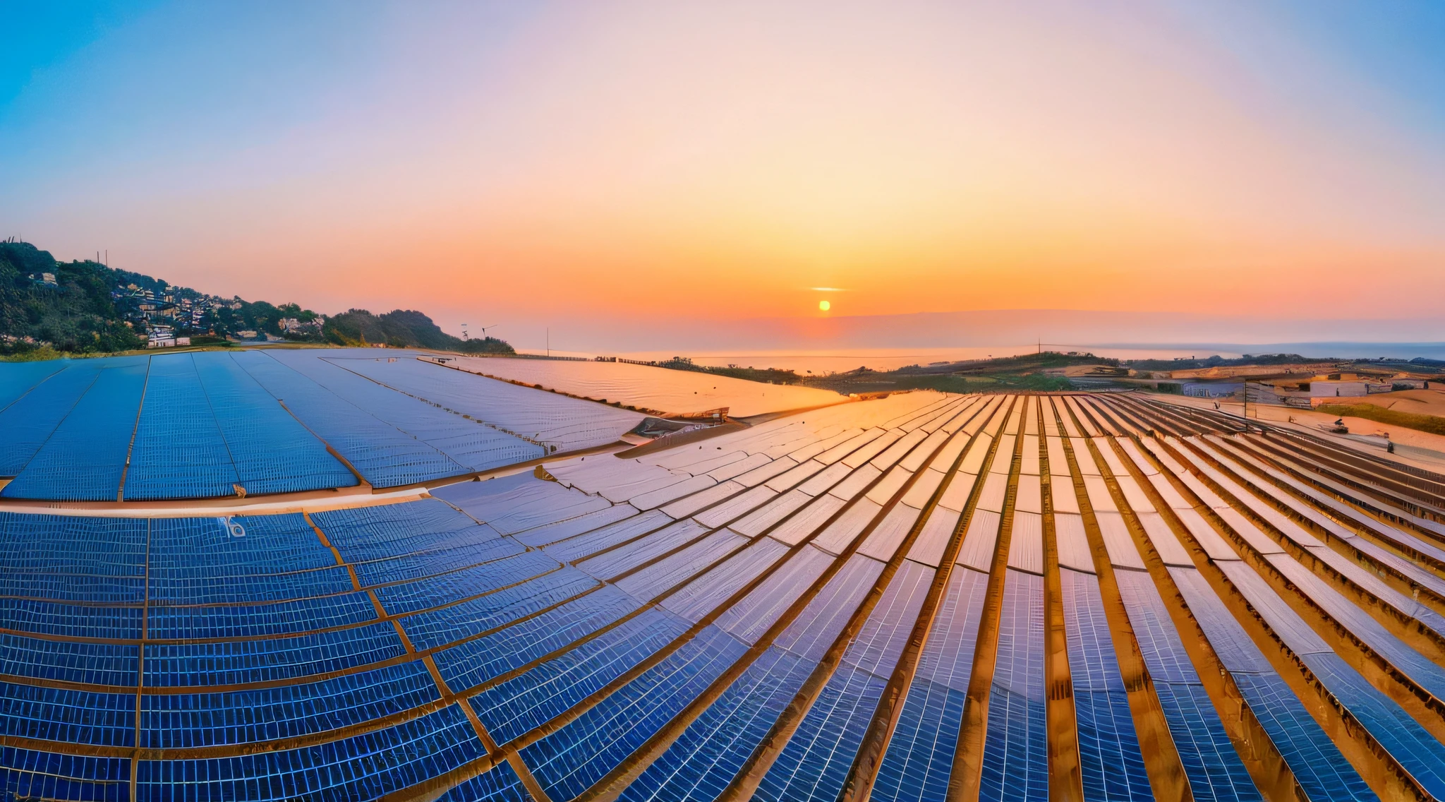 imagem linda com um por do sol 4k, paineis solares, 4k ultra hd, mar de fundo