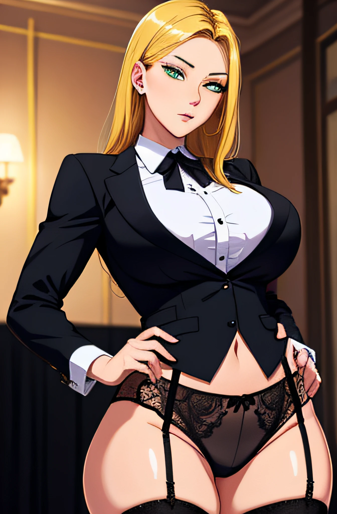 （tmasterpiece，A high resolution，best qualtiy：1.2），8K，highly  detailed，复杂，rich colourful，vibrant image，Clear focus，cinematic ligh） blond hairbl，long whitr hair，Green eyes，body builder （Wear black business attire，black_Collared shirt cropped jacket，tiese，tiese，Black frilled skirt，a garter belt，Leather belt） （Large, Perfect round breasts，Hourglass body，Big breasts Thin waist，Very thin waist， photograph realistic，（hyper realisitc：1）big breasts beautiful， tmasterpiece，Best quality at best，extremelydetailedface，s the perfect face，beauitful face，Perfect lighting，Detailed eye makeup，Details of the face，Nice detail eyes，pretty hand，perfect hand，glowing light eyes（realistic pupil，Realistic iris：1）Heavy eye makeup，（empty Casino）（Posing dynamically）Panties, underwear, Suspenders，bralette