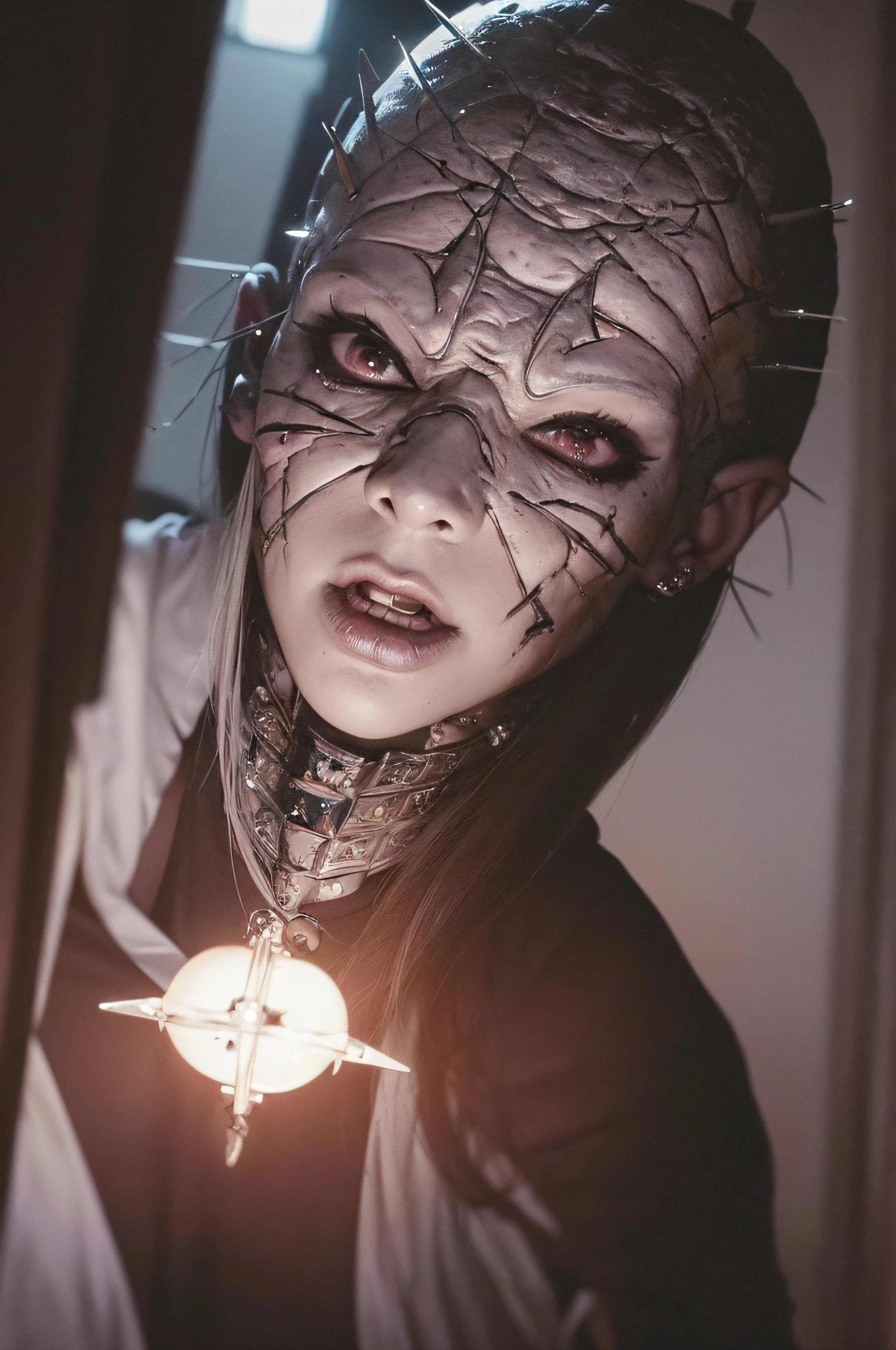 "(The best lighting, oscuro, dramatic),(Mujer alien, Hellraiser, feto, Cicatrices, , sexy, cerebro, sangre, una rata dentro de la cabeza, terror.),(ojos rojos, calaveras). morning light.