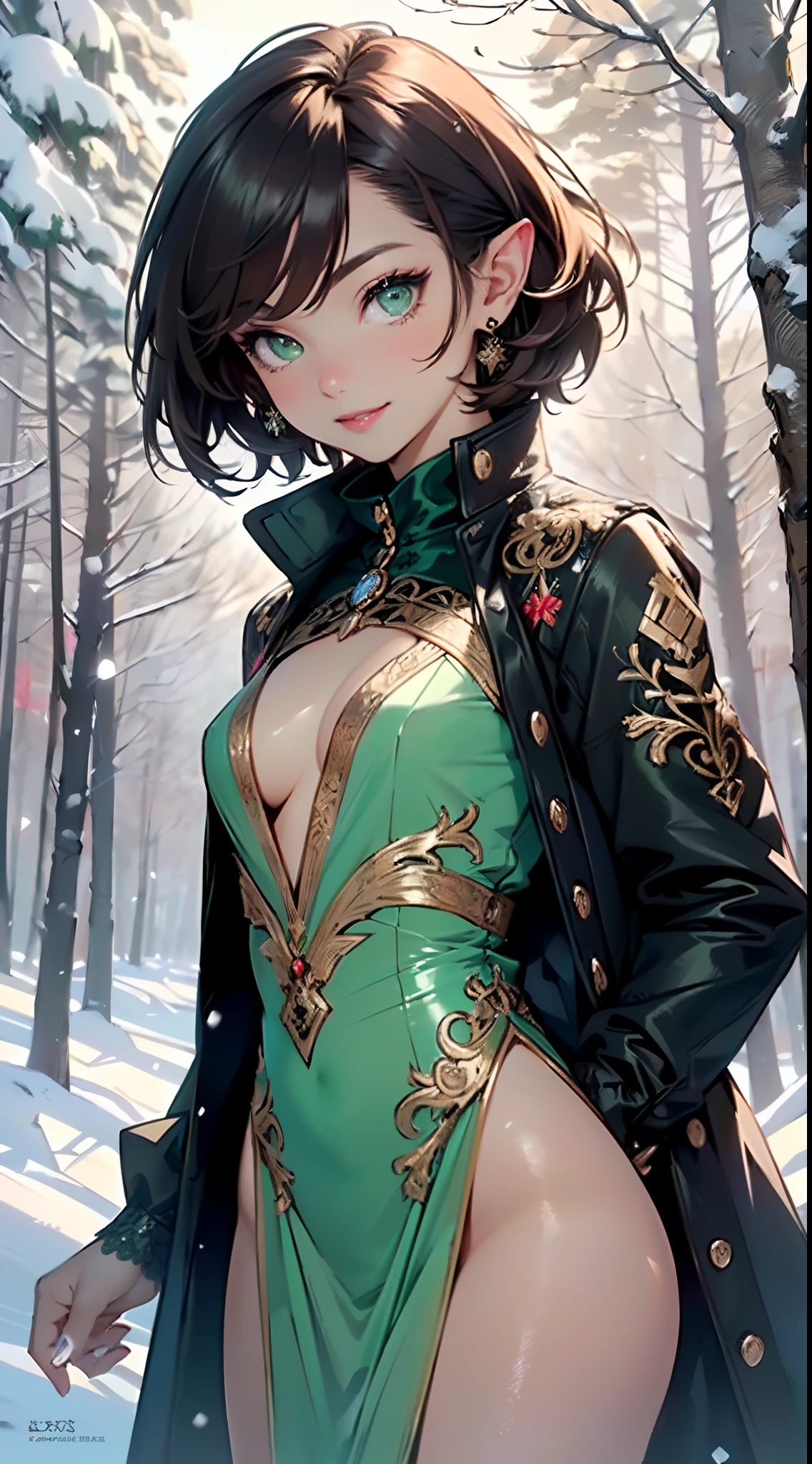 cute loli elf,(((little loli,tiny little body,little))),(((6 years old))),((anime elf loli with extremely cute and beautiful brown hair)), (((elf))), (((elf ears))),(lesbian,gay),(tomboy:1.3),

(((flat chest))),((((brown hair:1.35,short brown hair,boy haircut,tny short haircut,colored inner hair,ear breathing)))),(((green_eyes:1.3))),intricate eyes,beautiful detailed eyes,symmetrical eyes,big eyes:1.5,(((lustrous skin:1.5,bright skin: 1.5,skin tanned,shiny skin,very shiny skin,shiny body,plastic glitter skin,exaggerated shiny skin,illuminated skin))),(detailed body,(detailed face)),

cute,slutty,erotic,daring,((nsfw)),

(((medieval man clothes,adventurer man clothing,winter coat,unbuttoned shirt))),(((intricate outfit,intricate clothes,embroidered outfit,ornate outfit,embroidered clothes,ornate clothes))),

(dynamic pose:1.0),happy,smile,(centered,scale to fit dimensions,Rule of thirds),

((snowy pine forest at night)), with dark stormy clouds,winter,scenery:1.25,((snow forest background)),Christmas tree,

highres,sharp focus,(ultra detailed,extremely detailed),(photorealistic artwork:1.37),(extremely detailed CG unity 8k wallpaper),(((vibrant colors,vibrant theme))),(intricate),(masterpiece),(best quality),