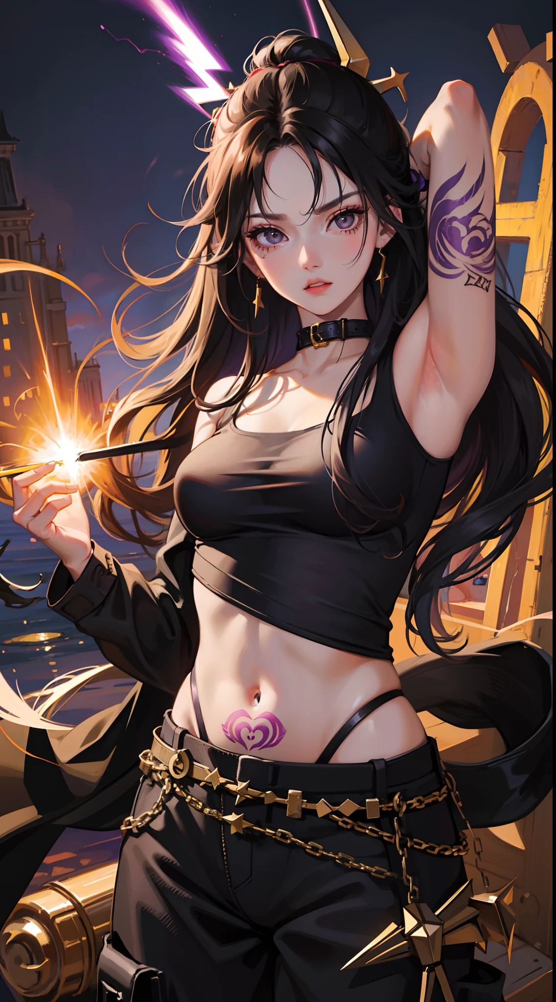 young girl, Long black hair, Black Eyes, purple tight top, baggy pants, Gold patterns, Tatoo, anger, lightning bolts, Masterpiece, hiquality, 4k, HD, Good detail