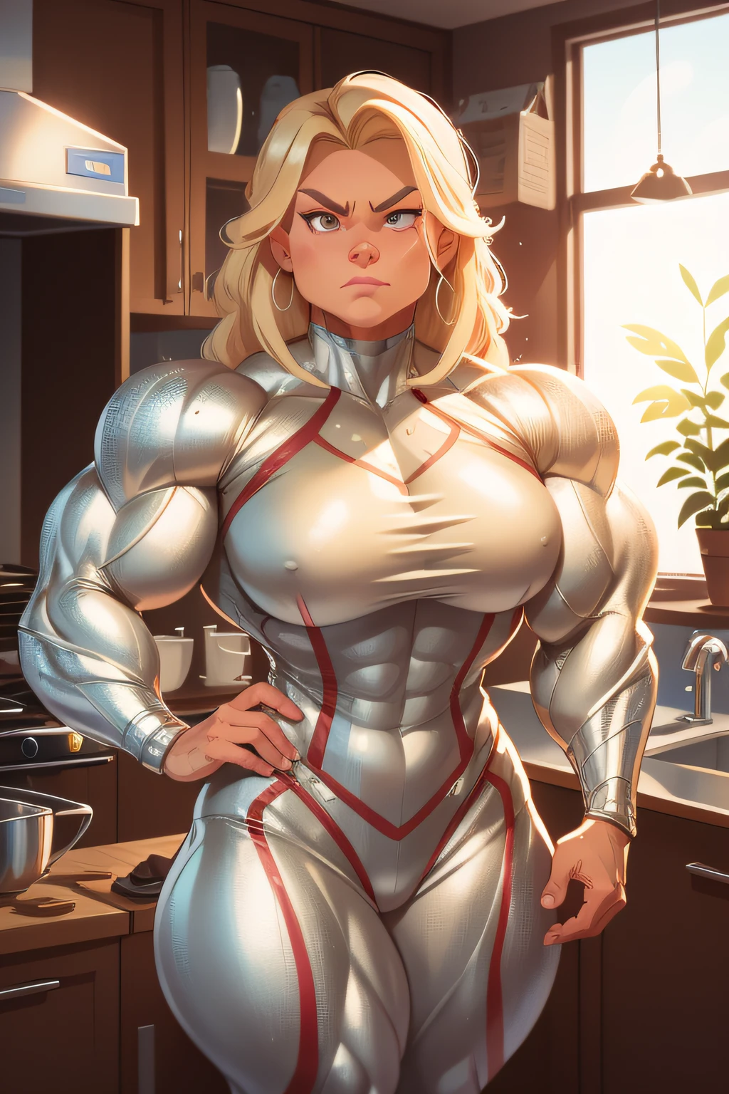 pixarstyle a waist-length portrait of a mature blond muscle woman in a silver superhero outfit, kitchen, natural skin texture, 4k textures, hdr, intricate, highly detailed, sharp focus, cinematic look, hyperdetailed,  muscle woman, big muscles, huge muscles, massive muscles, mature woman