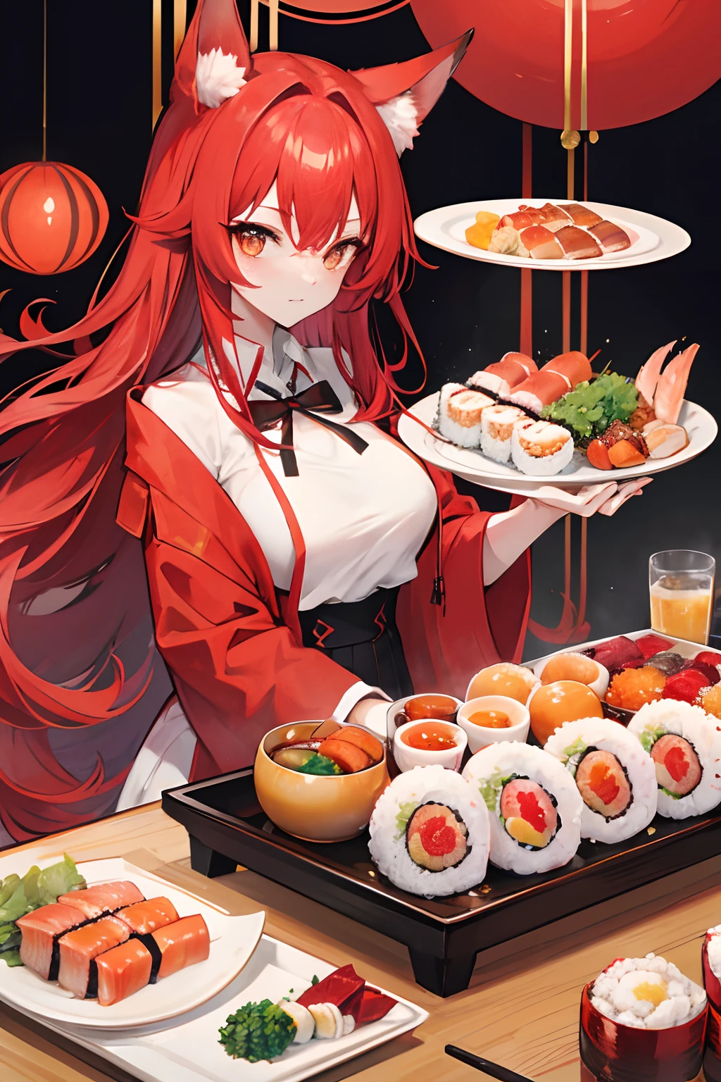 red tinted hair,Red fox ears,Golden eyes,Sushi platter,Seafood sushi,Rice balls