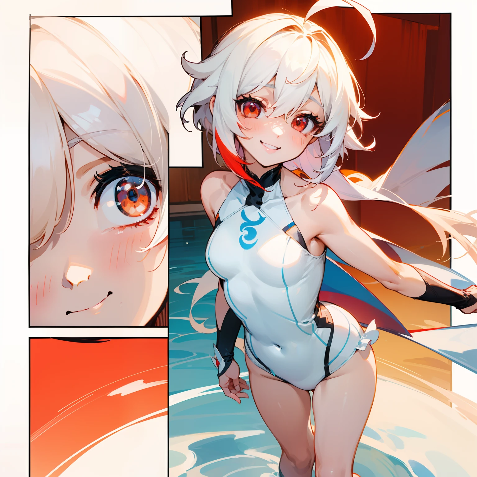((masterpiece)), ((high detail)), 1girl, ((ultra-detailed)),((delicate face)), Beautiful detailed eyes, doff eyes, gradient hair,hairs between eyes,white hair,red eyes,genshin_impact,pool background, standing, smiling face,((Happy face)),((ahoge)), character design, there are 4 image panels : The first panel is the front of the character; the second panel is the back of the character; third panel on the right side of the character; fourth panel to the left of the character , full body, white Swimwear, deep red eyes, cunny,