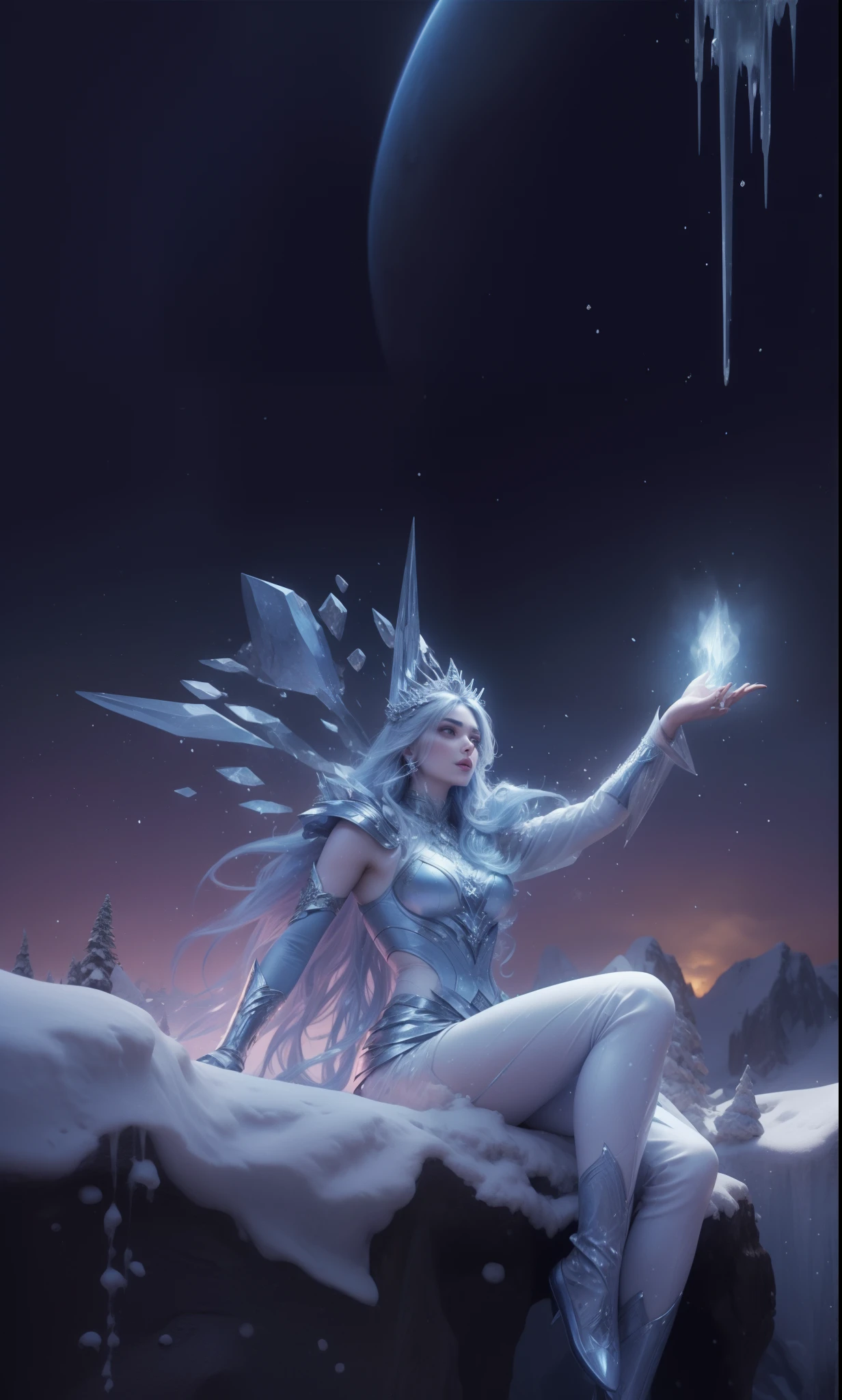 a close up of a person sitting on a snow covered ground, crystalline skin, ice mage, ice lord, maya ali as a storm sorcerer, maya ali as a lightning mage, master of ice, ice spell, icey, ice sorceress, heise jinyao, astri lohne, frost gem, with ice power