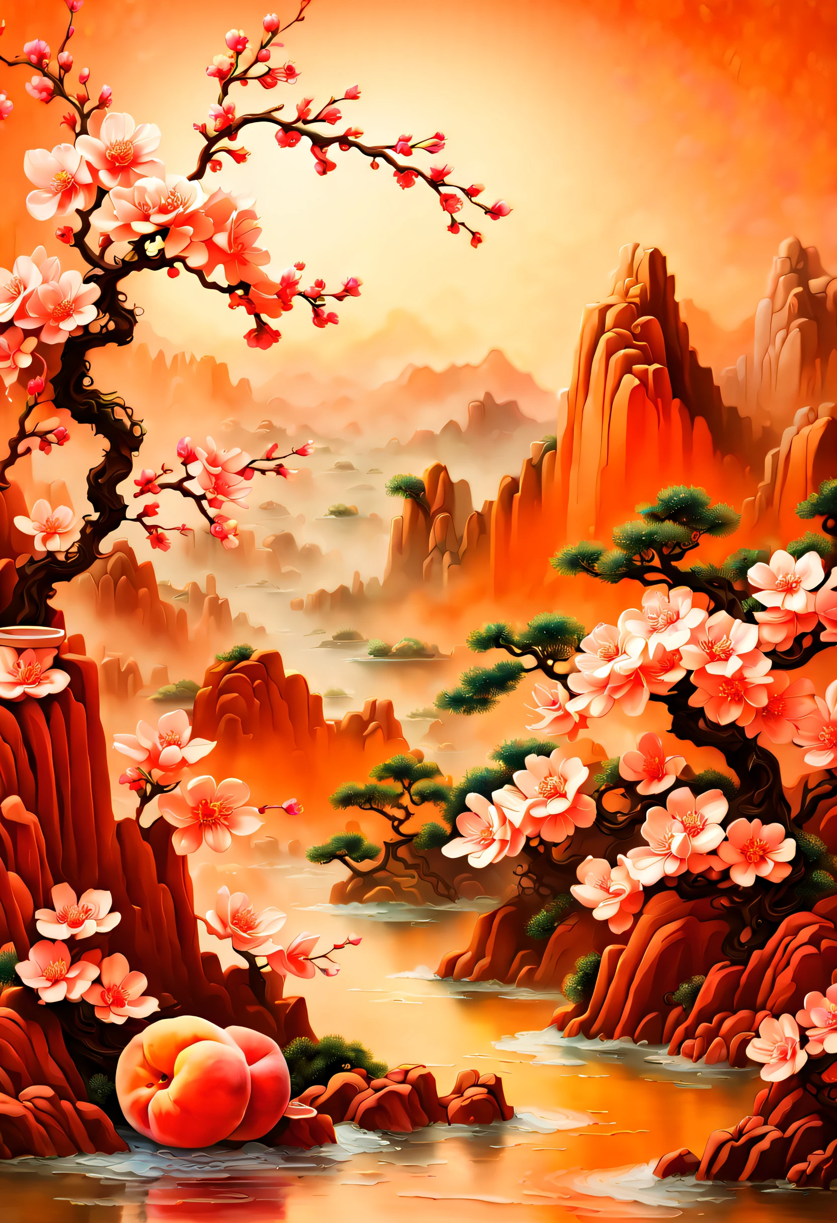 (Masterpiece, high quality, best quality, official art, beauty and aesthetics: 1.2), milk tea cup, surrounded by red rocks, splashing spray, (Chinese landscape paper carving, Chinese Song Dynasty landscape painting: 1.2), (surrealist dream style), cream organic fluid, light tracing, environmental shielding, hazy, natural light, limestone, gel resin sheet, oc rendering, (peach blossom forest background: 1.4),