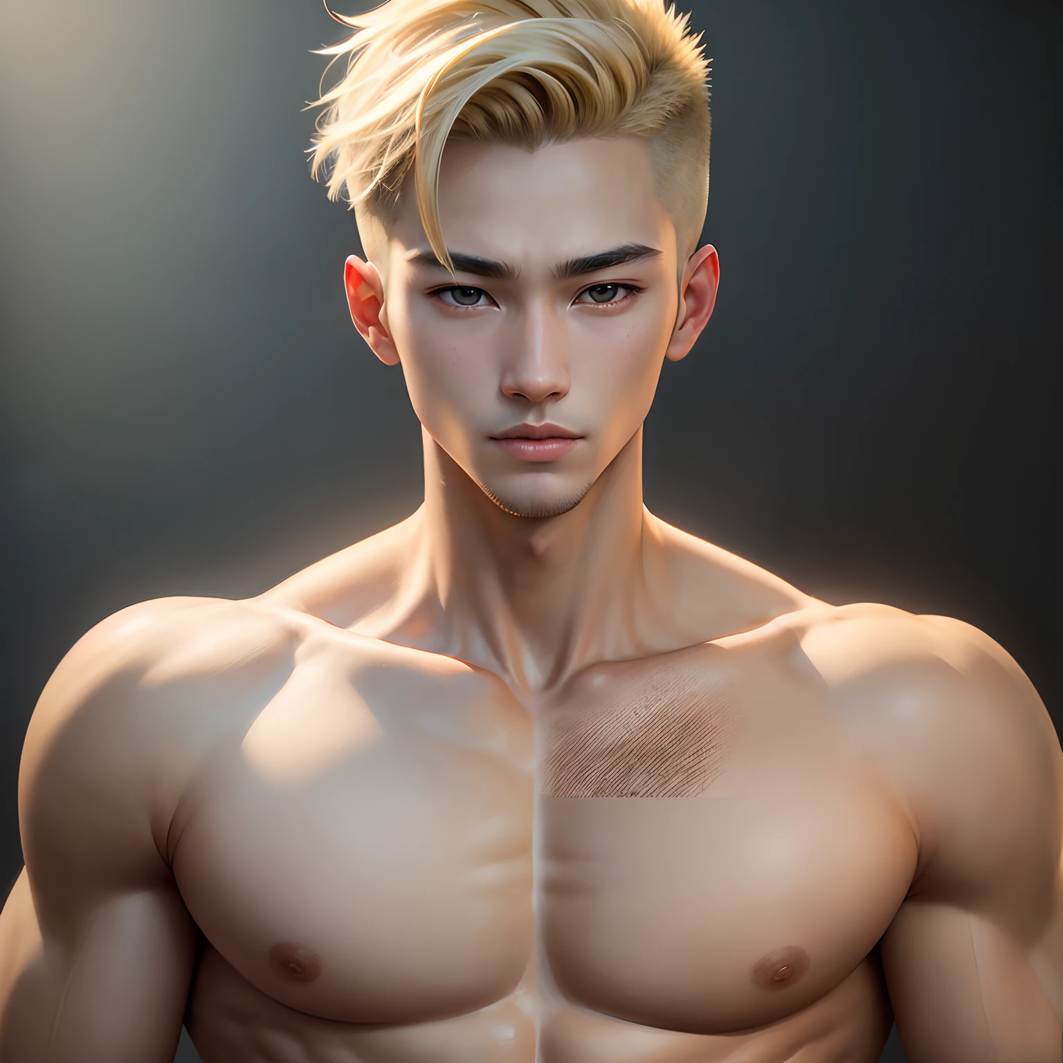 (​masterpiece:1.3), (8K, Photorealsitic, Raw photography, Top image quality: 1.4), Korean boy, blonde hair, undercut, sharp nose, muscular body, square stomach, tall, white, thin face, brown eyes, small lips, Super Detail Face, Eye of Detail, top-quality, Highly detailed and professional lighting smile,