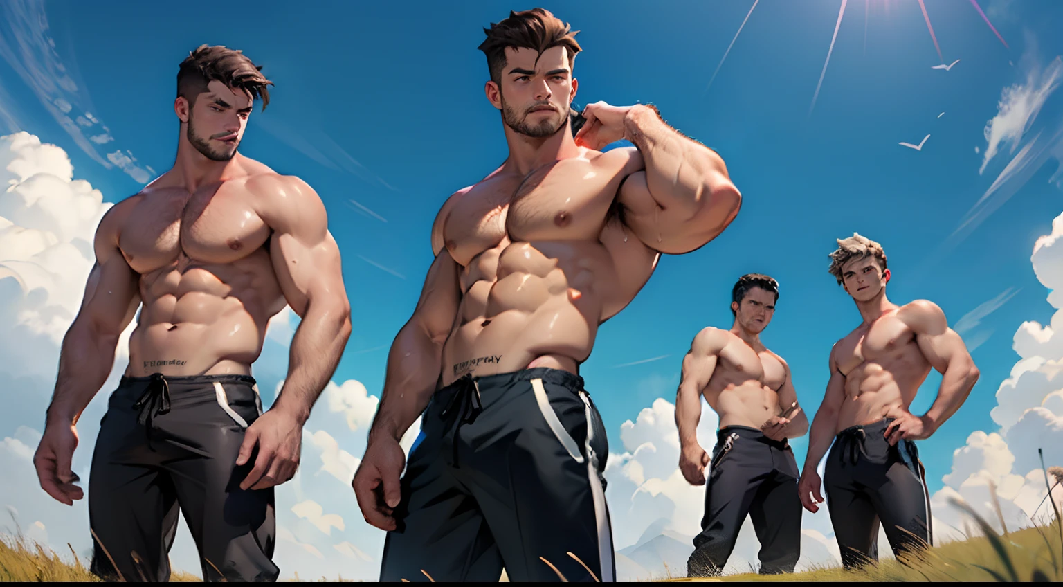 4boys,, masterpiece, best quality, shirtless slim lean  boys young adults in a grassy field with blue sky and clouds. The men are muscular lean slim and well built, with shiny bodies and defined muscles. The men are wearing pant which have intricate motifs. The men are wearing a single earring, and sweating in sun. Dynamic pose, sexy expression. Non NSFW. Safe for work.