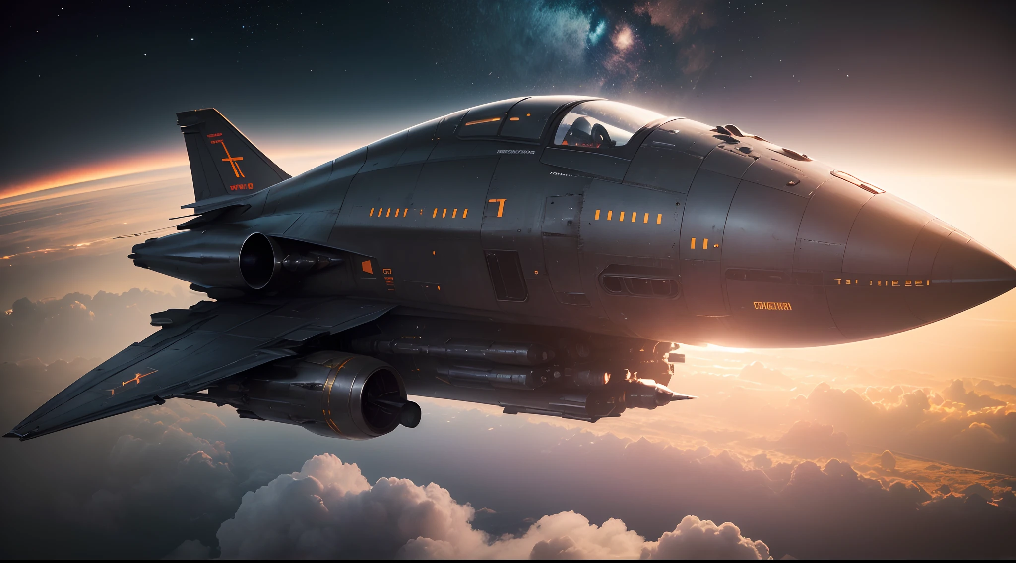 ( Nave espacial volando en el espacio profundo ?????, Gran nave espacial en el espacio oscuro, Estilo Homeworld, alien, del espacio profundo, inspirado por Peter Elson, Nave espacial de combate, NAVE espacial ligera FUTURISTA alienigena , navega por el espacio ?????, Telephoto lens to capture the plane and surrounding elements without distortion, Fast shutter speed to freeze the exact moment of action, Amplia apertura para enfocar el plano y crear una profundidad de campo reducida que difumina el fondo, High resolution to capture intricate details, motores y detalles de fuselaje, Paleta de colores de grises, and metallic, encapsular la complejidad, renderizado 12K, hiper realista, cinematographic photography, Solitario, cielos contaminados, NAVE espacial DE TITANIO, con armamento, FUTURISTIC FIGHTER CRAFT YEAR 2854, ambiente oscuro, cinematography lighting, Maximum hyper realistic details. espacio totalmente oscuro, fuselaje de metales oscuros y claros, opacos, alto grado de detalle en el fuselaje de la nave espacial de combate, The best resolution and the best realism )
