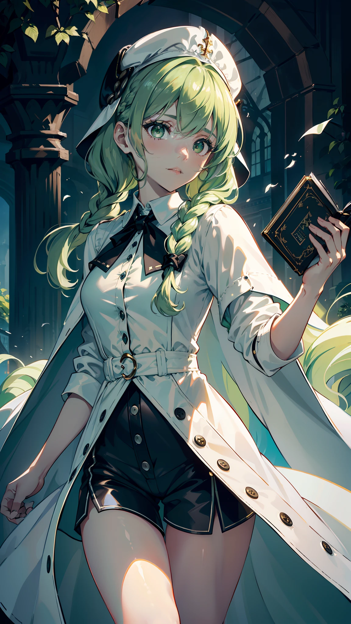 masterpiece, ultra detailed, 8k portrait, RAW photo, portrait photography, highly detailed face, beautiful and meticulous eyes, ((Fantasy)), Young beautiful, 22 years old, (((drooping eyes))), dynamic pose, (((Medium wavy light green hair))), ((braided twin tail)), parted bangs, White skin color, Luxury, (((black mortarboard cap))), (((white silk long cloak))) fluttering in the wind, (((many buttons Shirt dress))), (((black shorts))), high cut leather boots, ((holding magic book)), Midday Sun, hyper realistic, Body model, Small breasts, Beautiful breasts, Long legs, in the castle, Ambient lighting, Shadow details , Camera focus on thigh, strong breeze, Light fog