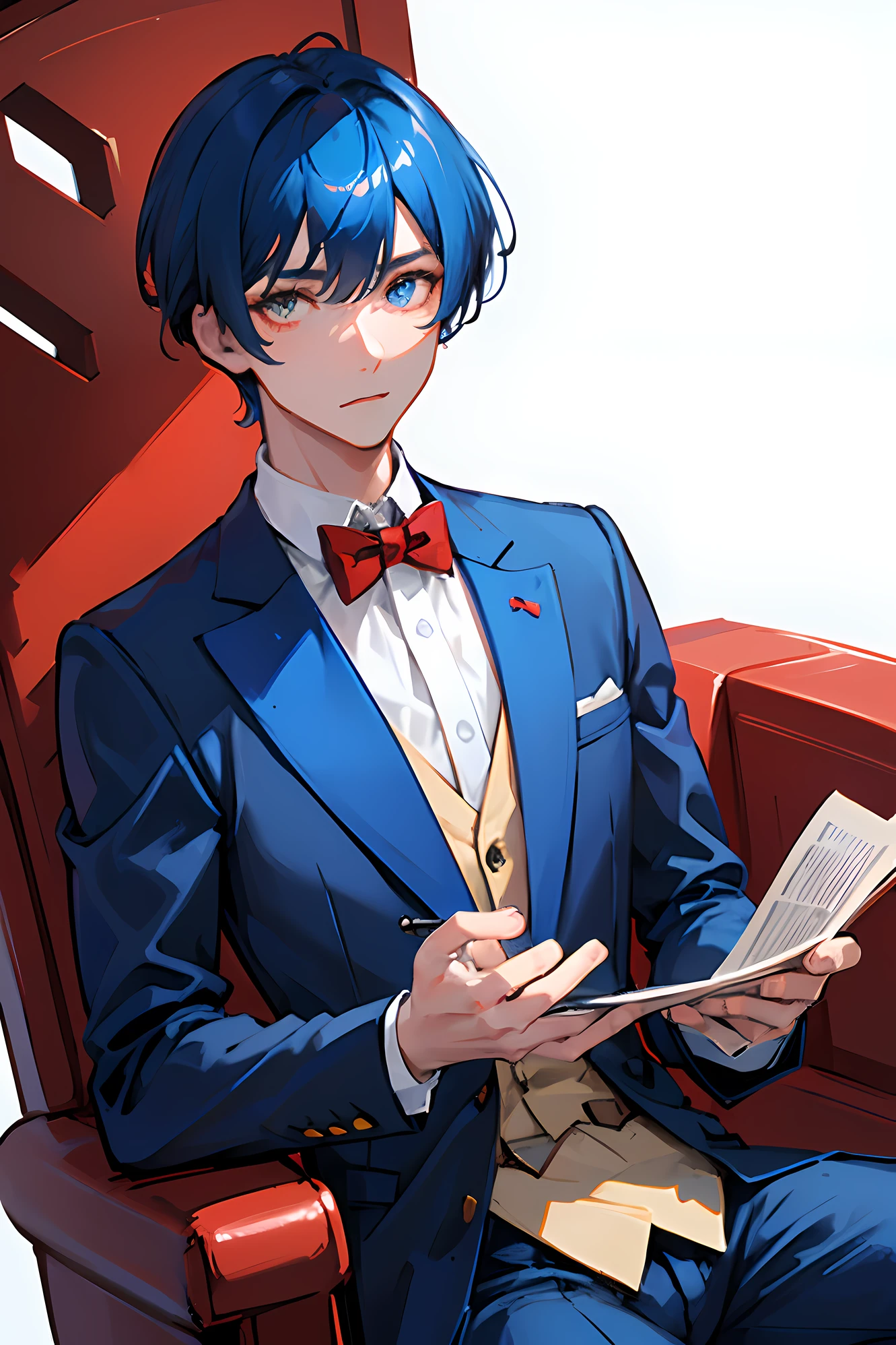 young man, handsome, blue red background, heterochromia blue red, hand in pocket, relaxed, looking at camera, waiter uniform, bow tie, concerned expression, no background, plain background