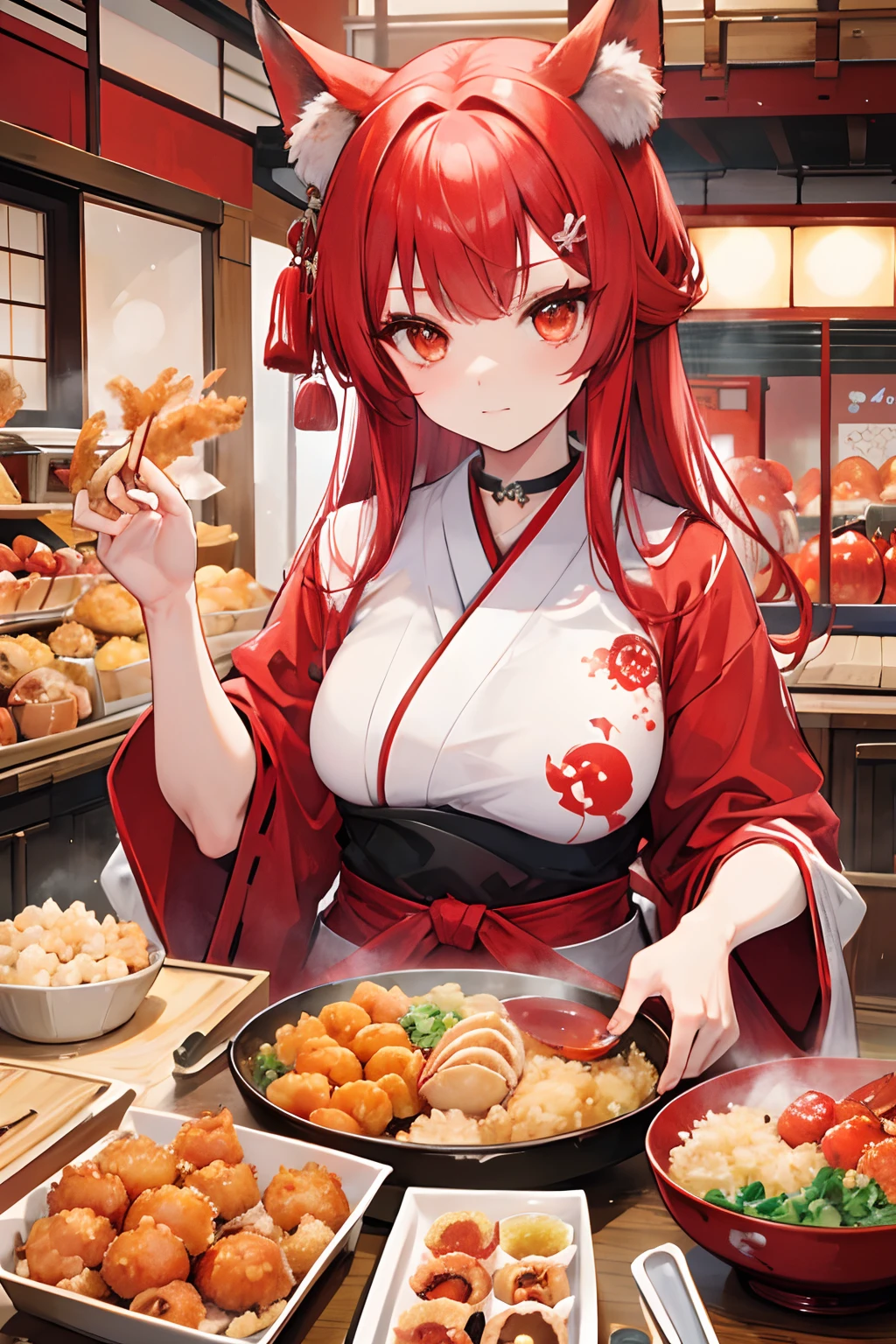 red tinted hair,Red fox ears,Golden eyes,seafood,crabs,tempura,Rice balls,japanses clothes